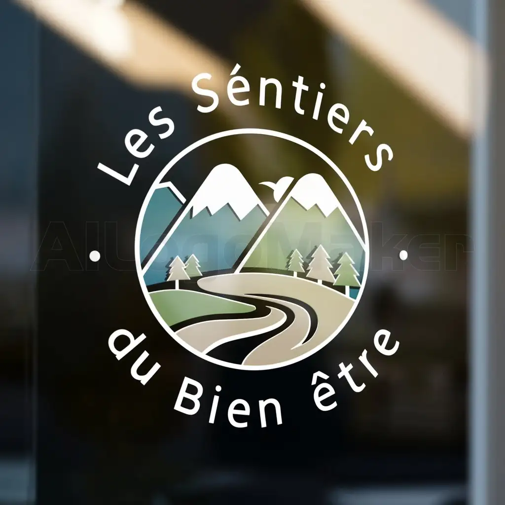 a logo design,with the text "Les sentiers du bien être", main symbol:Logo in round shape, Large mountains with trees further down and a small path, Naturally colored blue green beige, Writing name of logo around the round type relaxing pleasant,Moderate,be used in Travel industry,clear background