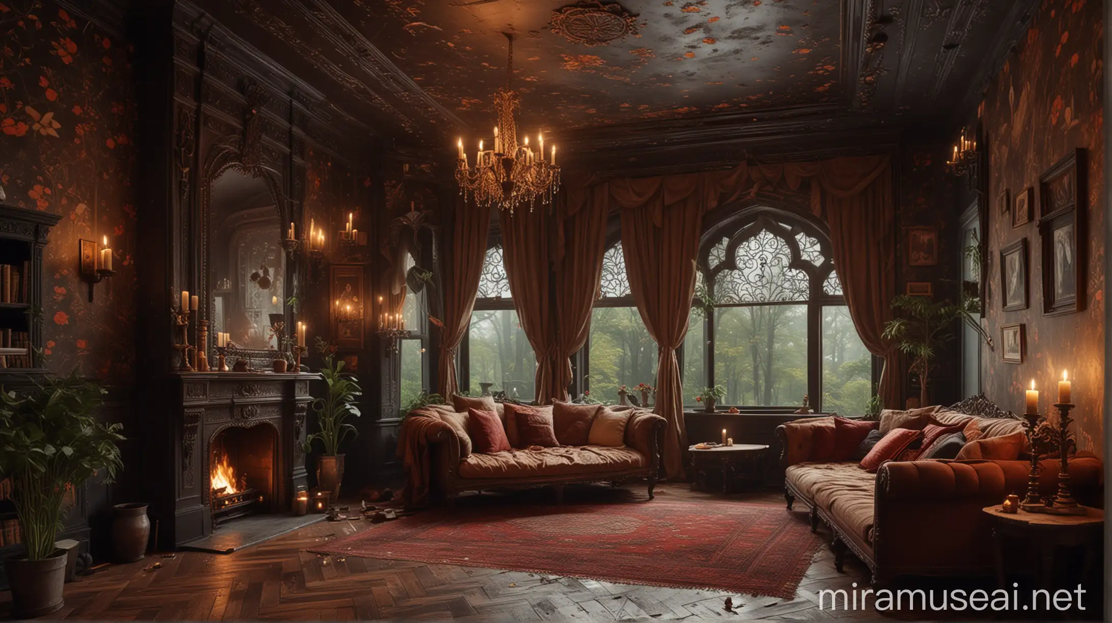 Cozy Castle Royal Mahal inside, with two small cozy plant, pillows, Excellently decorated in royal style badroom, a fireplace, big window with a rainy fall night deep forest view., Mysterious badroom candle a badroom with a arafed room with a fireplace and a bed in it, cozy place, cosy atmoshpere, cozy environment, gothic epic library, gothic mansion badroom, cozy room, cozy and peaceful atmosphere, gothic epic library concept, cozy setting, cosy enchanted scene, magical environment, gothic library, cozy atmospheric, warm interior, castle library, cozy wallpaper, relaxing concept art royal style Fireplace Curved Ceiling Large Bad monsoon rainy weather