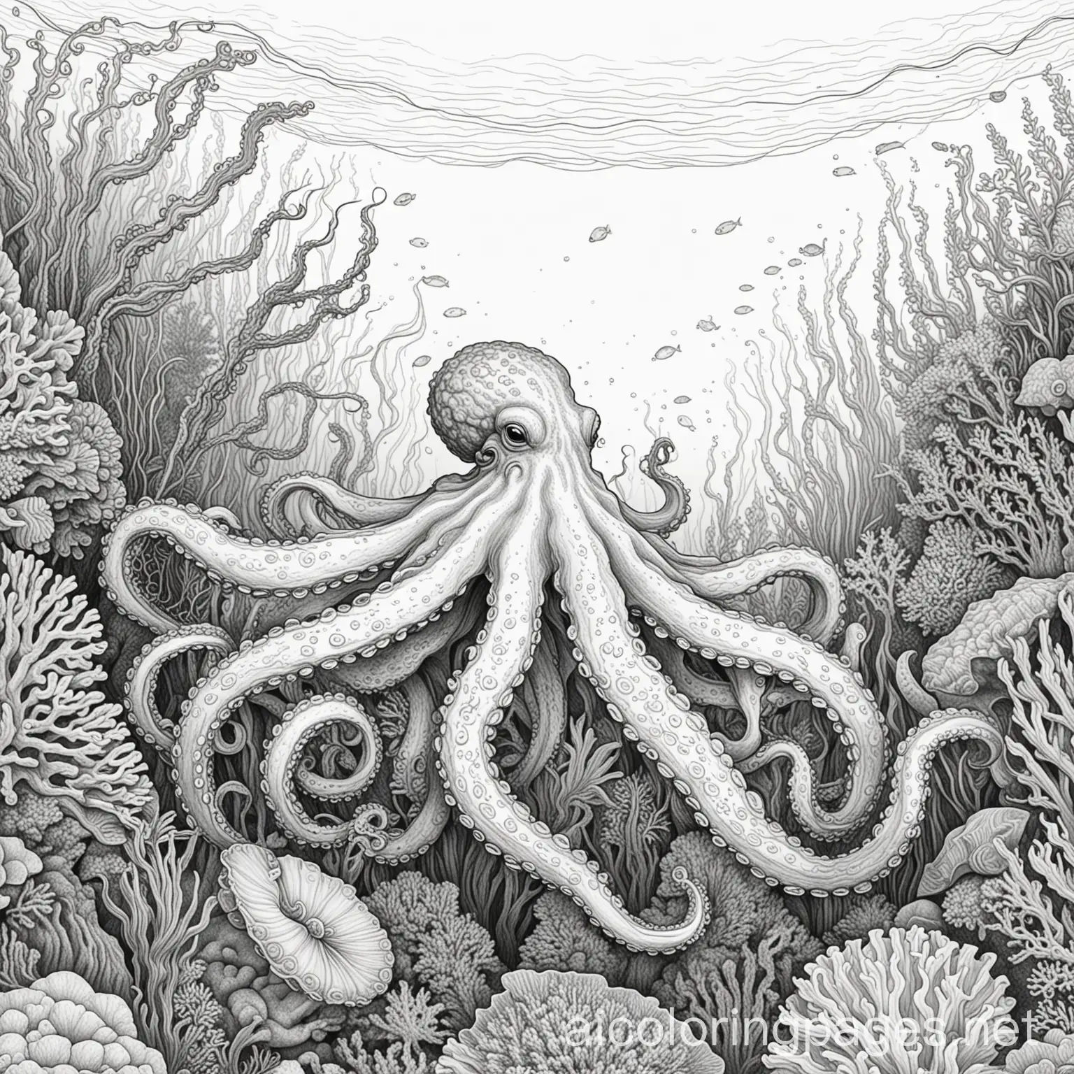 line drawing of  under water octopus in the coral reefs, Coloring Page, black and white, line art, white background, Simplicity, Ample White Space