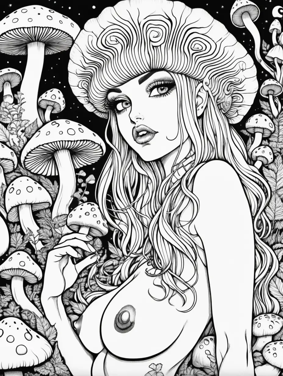 Adult Coloring Book, black and white, sexy raver girl, with mushrooms, acid, dmt, trippy, high contrast