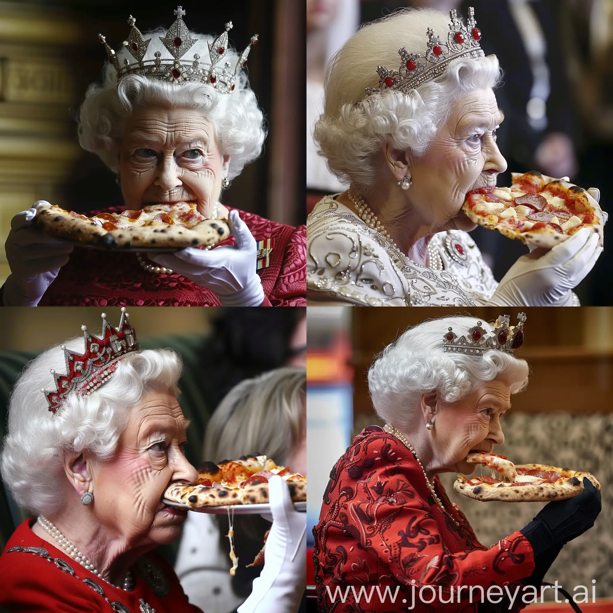 Queen Elizabeth II eating pizza