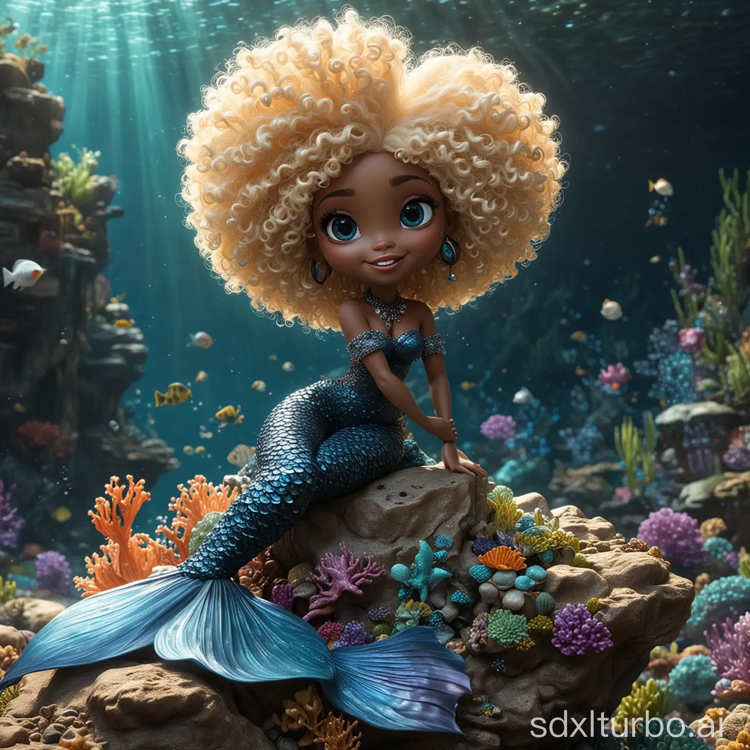 3D Pixar black mermaid with a resplendent big blond afro is perched upon a smooth, rock under the sea. Her fair long mermaid tail float, glistening with pearlescent hues. The mermaid's eyes, shimmering with curiosity and wisdom, gaze out into the endless azure expanse.