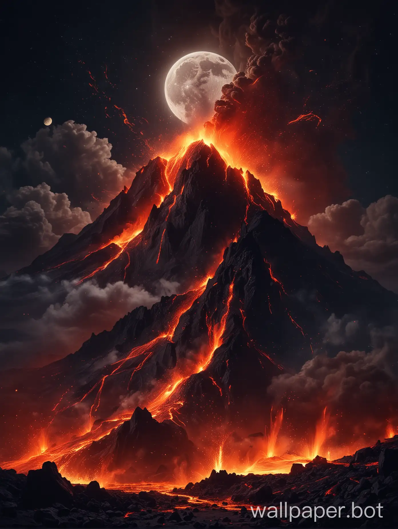 eruption of a huge volcano, lava flows down the mountain slope, moon shines brightly, firey comets fall from the sky