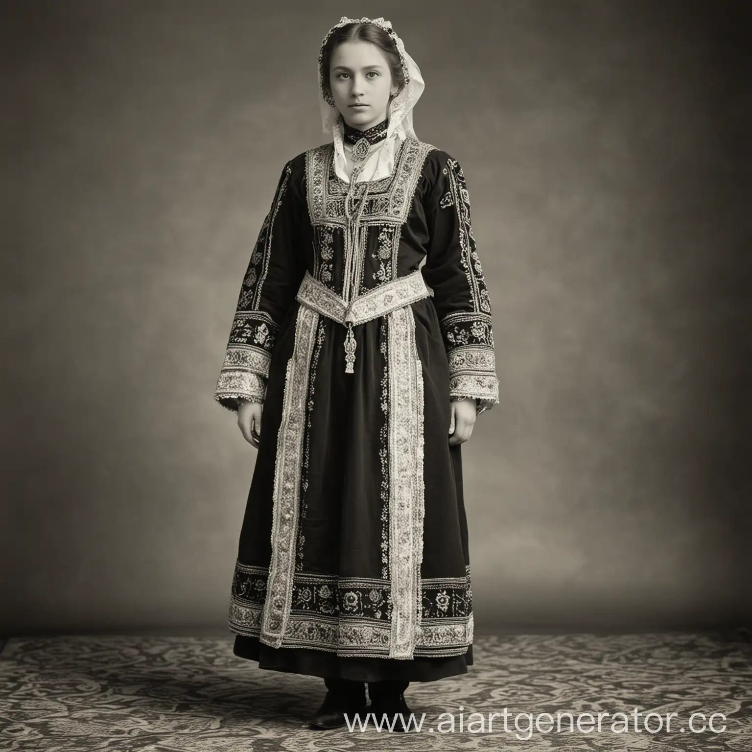 старинный русский костюм, чёрно-белое фото, полный рост
