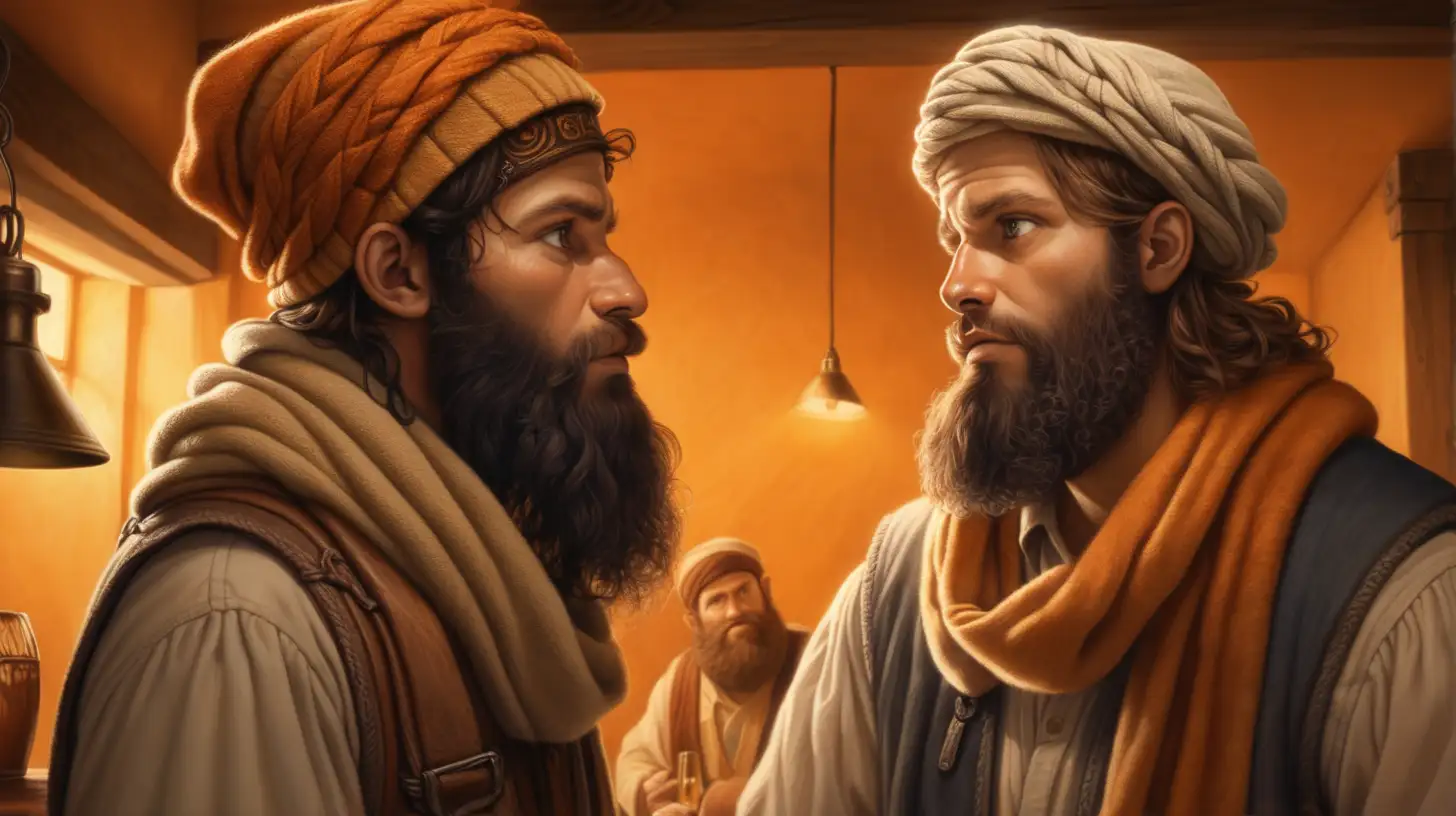 epoque biblique, un jeune hébreu dit des paroles vexantes à un jeune suédois barbu qui a un foulard sur la tête, dans une auberge, ambiance chaleureuse, lumière orangée