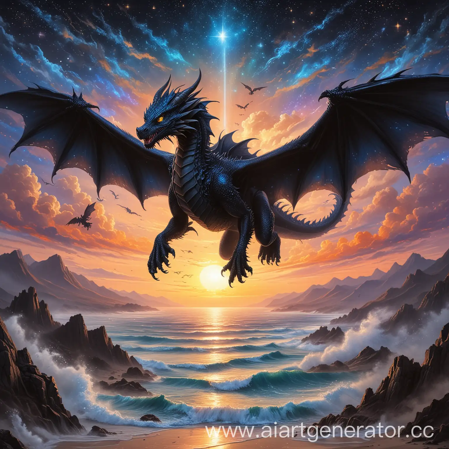 A black dragon with 4 legs and blue eyes flies into the sunset, under its wings the starry sky