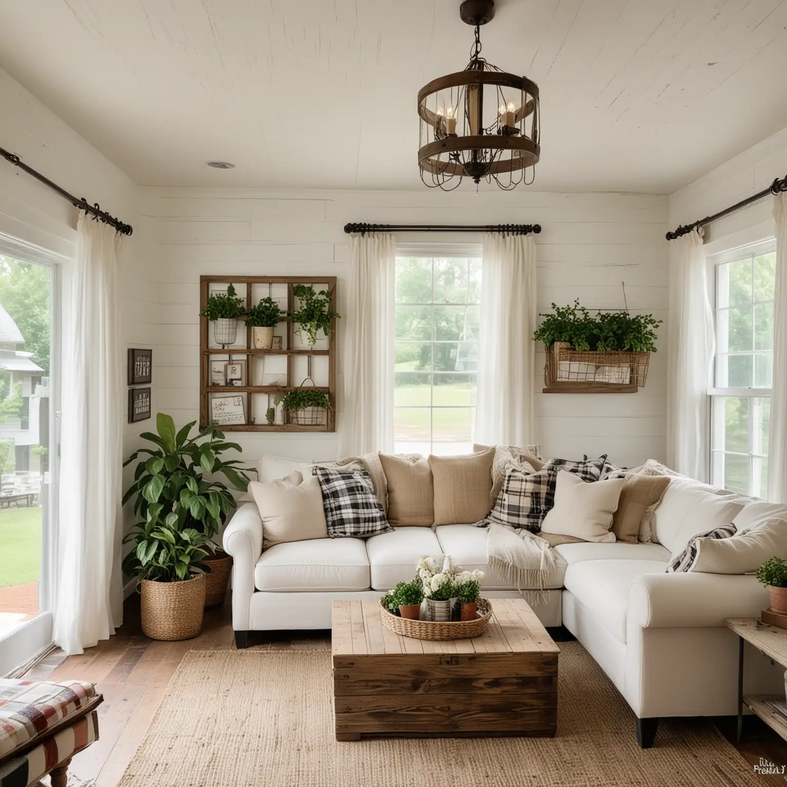 a dutch angle shot of A cozy living room with white shiplap walls, large windows with light curtains, and distressed wood flooring. Include a linen sofa with plaid and striped throw pillows, a reclaimed wood coffee table with farmhouse decor items, and a checkered rug. Add a wall-mounted flat-screen TV, farmhouse wall signs, vintage decor, a few large potted plants, a couple of mason jar vases, a woven basket, a farmhouse-style chandelier, and a modern air conditioner.