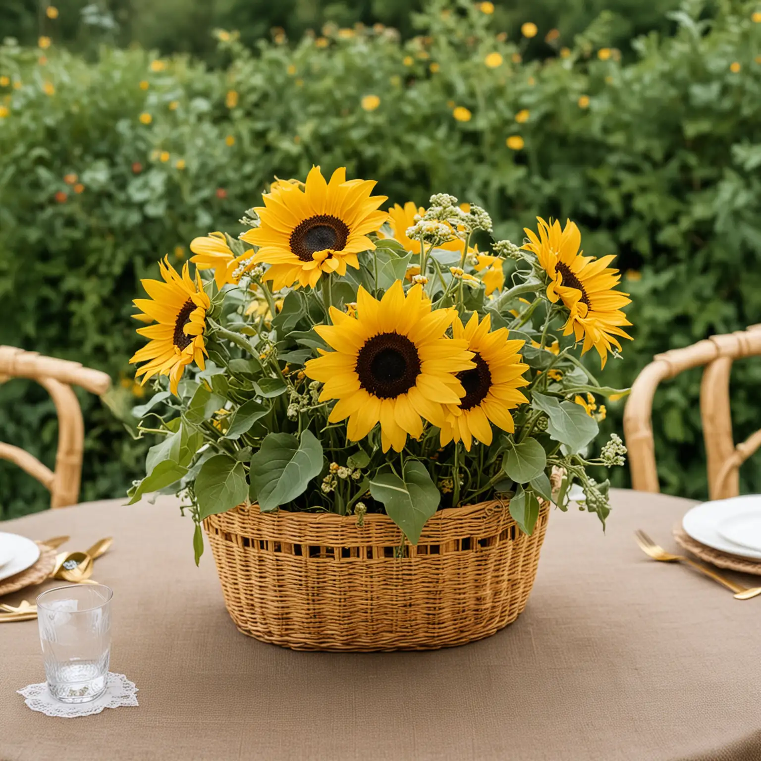 simple wedding centerpiece for garden party theme with a small yellow wicker basket holding sunflowers and cheerful garden flowers