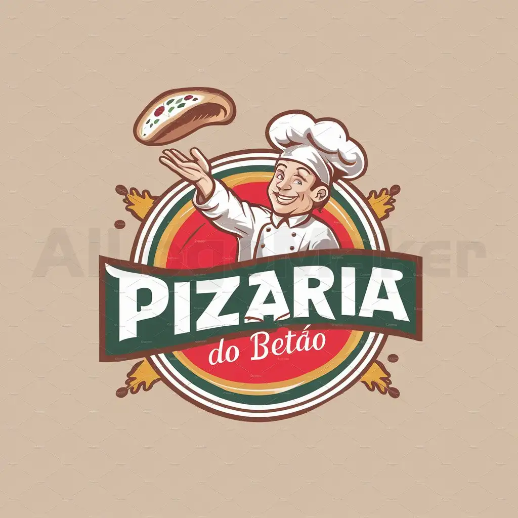 a logo design,with the text "Pizzaria do Betão", main symbol:Cheerful Italian chef tossing a pizza dough in the air. Vibrant red, green, and white (Italian flag colors), with accents of yellow and brown. Moderate, suitable for the retail industry. Clear background.,Moderate,clear background