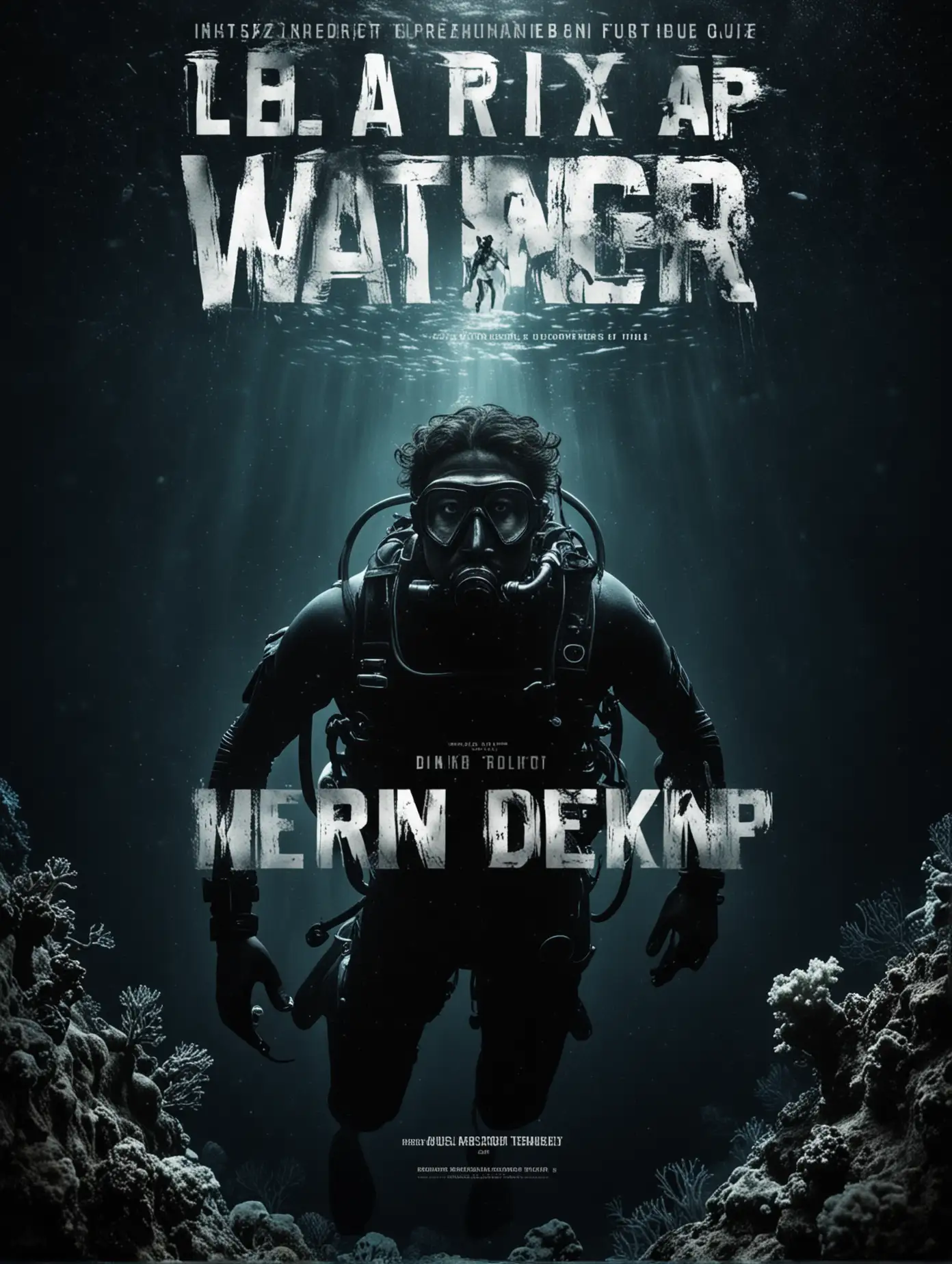 Poster for a deep water diving thriller with a small dark figure in the lower left corner of a diver
