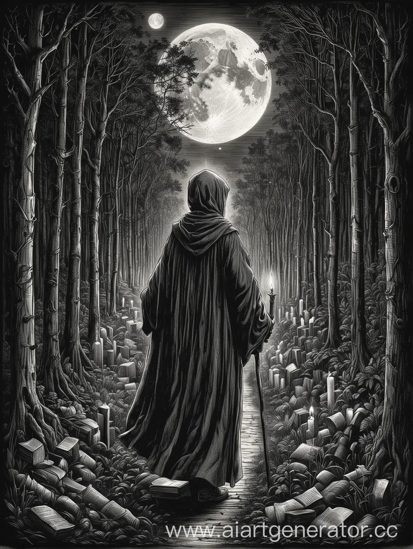 Mystical-Figure-with-Staff-and-Candle-on-Moonlit-Forest-Path