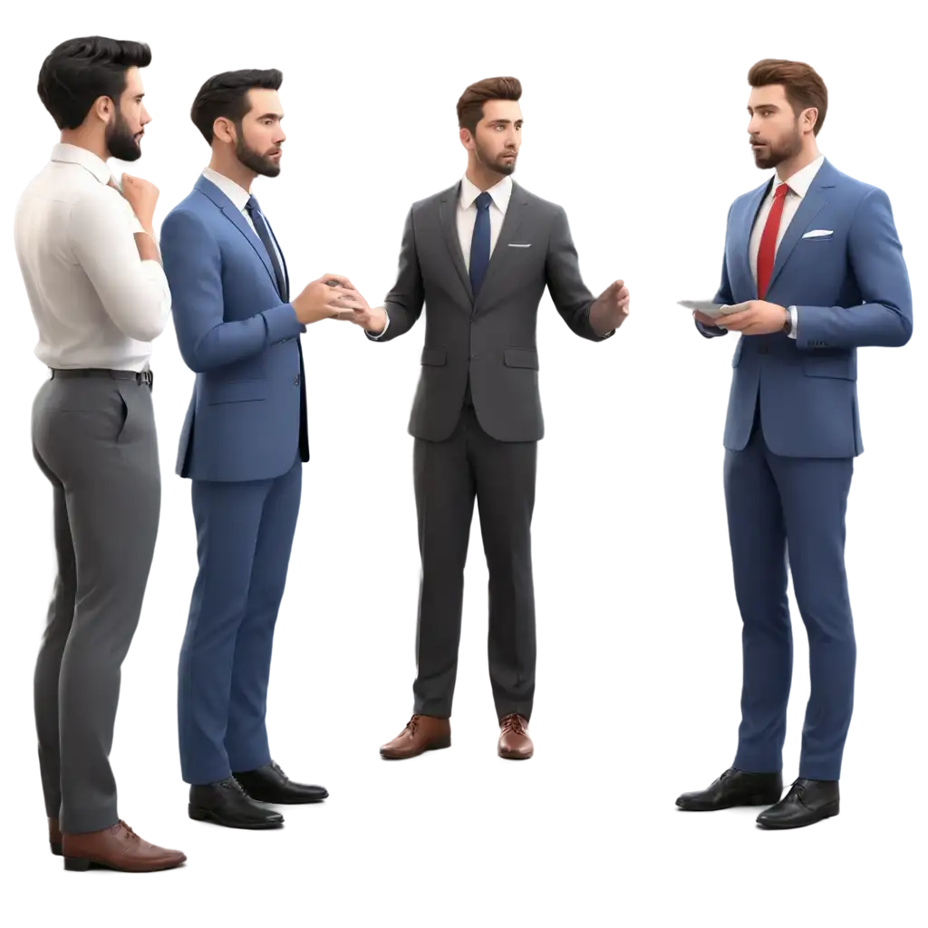 3d professional man in suits standing discussing something with other men facing each 