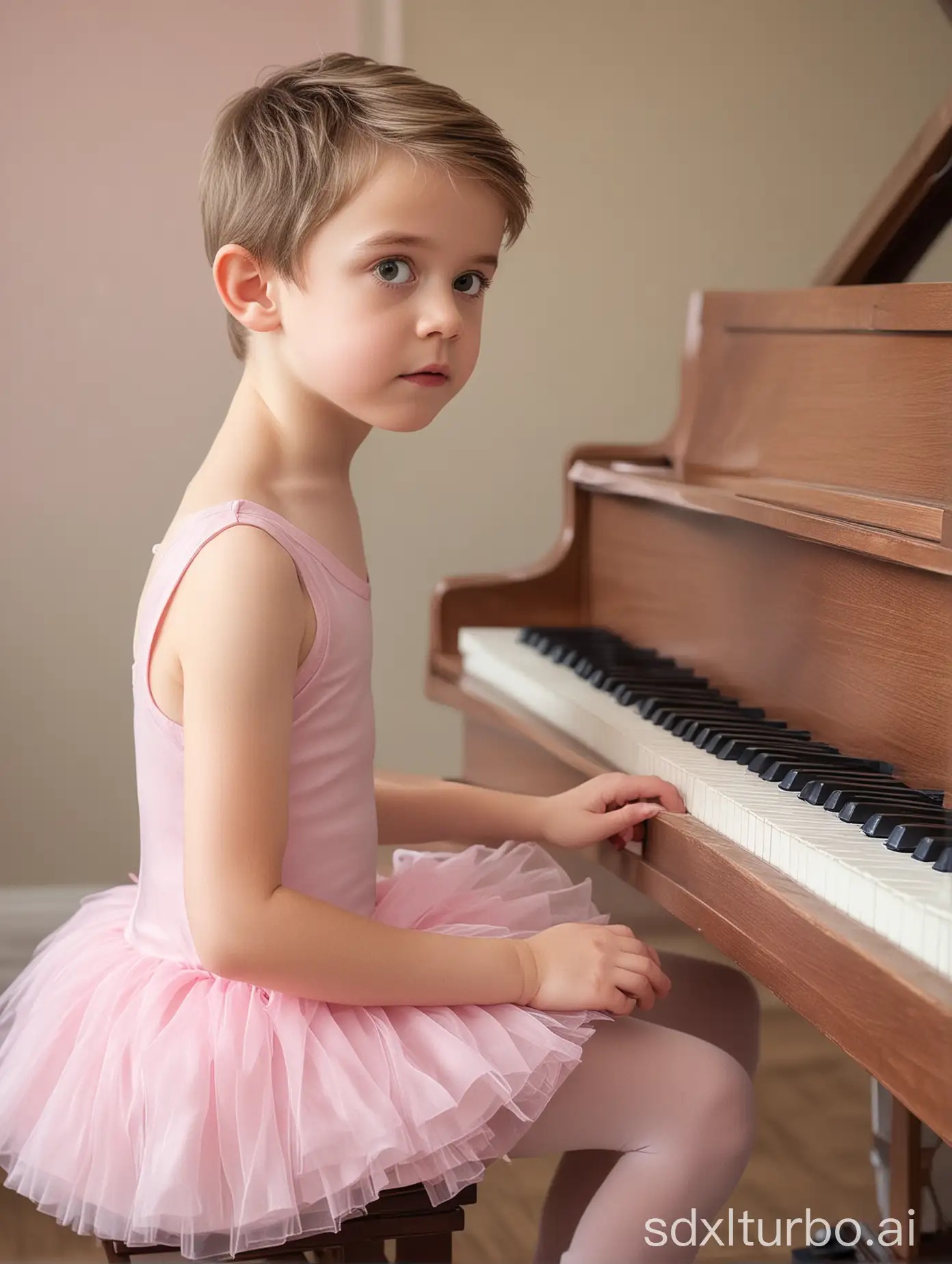 Digital photography of a nervously cute boy, forced to sit in a pink ballet dress and play the piano, a white boy, with a cute face (gender role reversal)