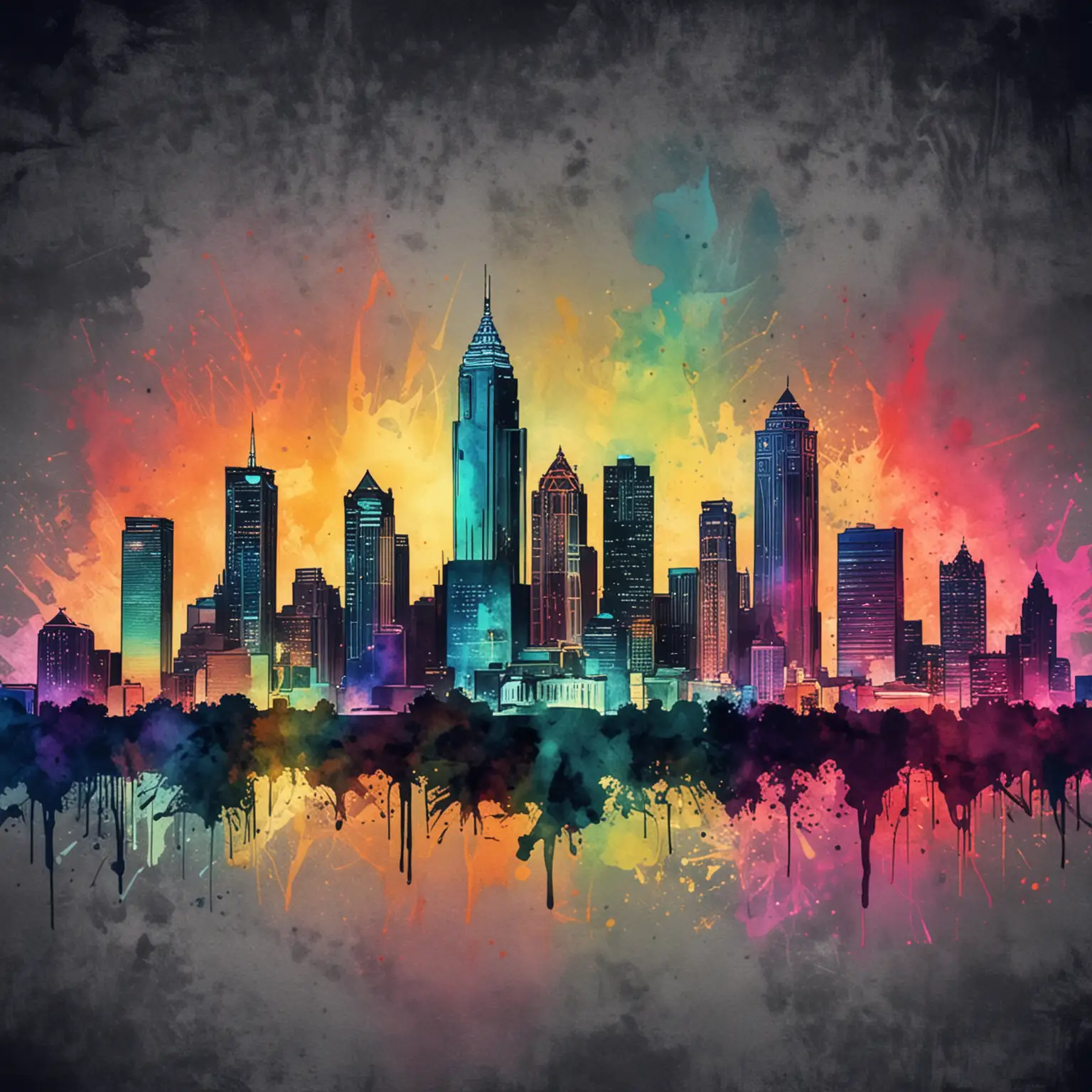 Vibrant CMYK Watercolor Atlanta Skyline Urban Landscape Painting