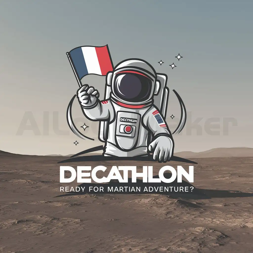 a logo design,with the text "Prêt for the adventure nAstronaut in space suit Decathlon n", main symbol: "Astronaut in Decathlon spacesuit waving French flag on Mars surface. Slogan 'Ready for Martian adventure?'",Moderate,be used in astronaute industry,clear background