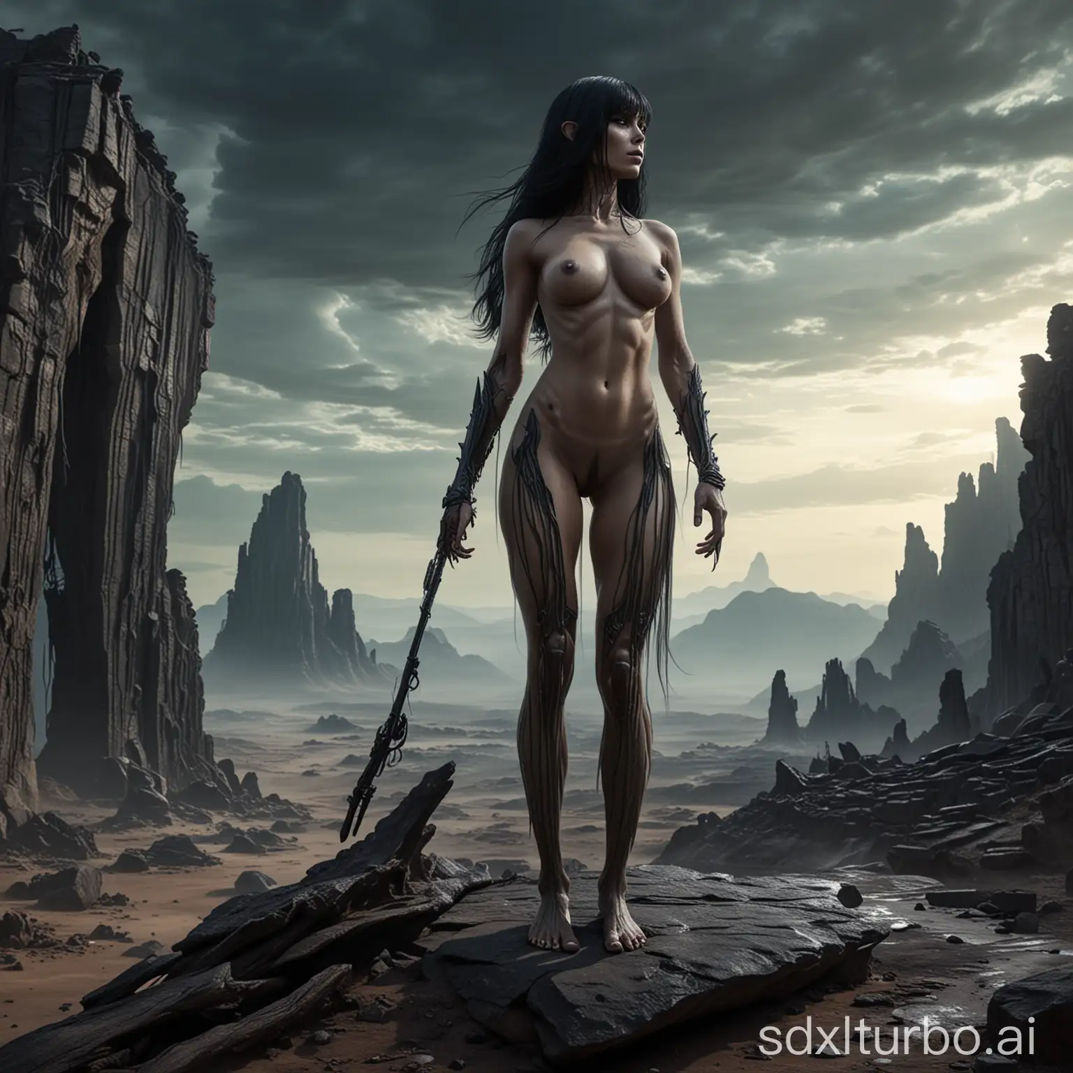 strong tall complete naked alien girl with long black hair and rifel in the left hand standung on a rock over a dark ruine on a dark planet