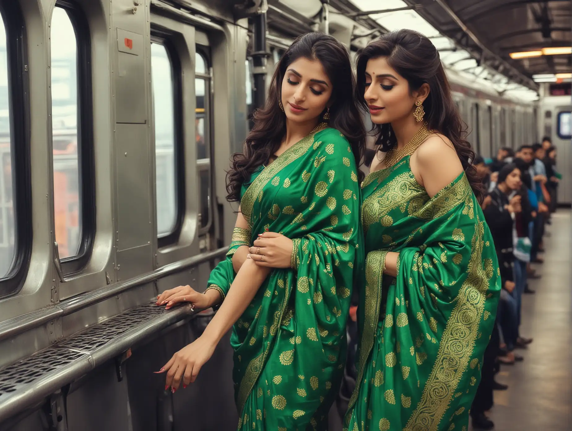 Iranian Women in Green Banarasi Sarees Embrace Passionately on Train Berth  | AI Image Generator