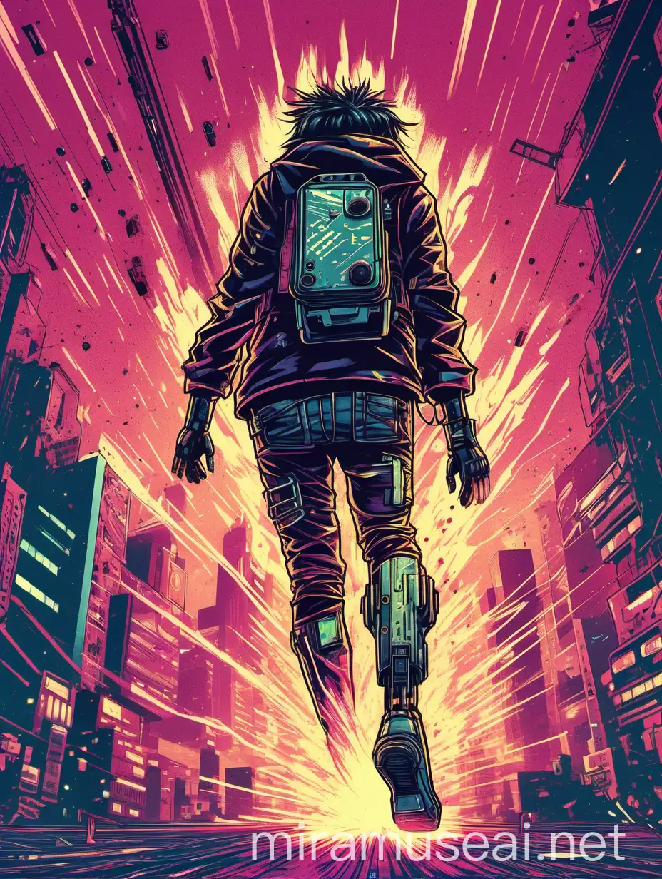 A cyberpunk illustration of an exploding leg, digital art 