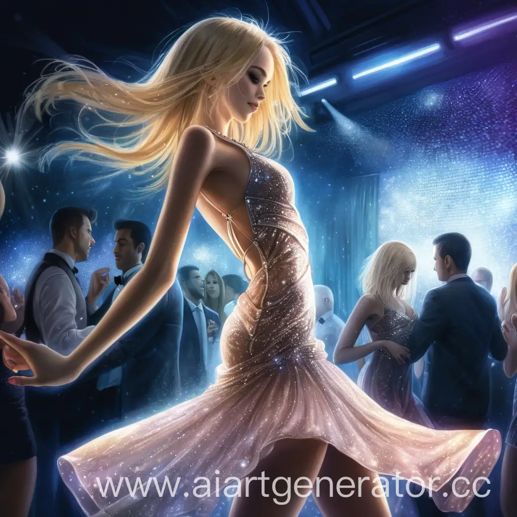 Blonde-Girl-Dancing-in-Nightclub-with-Elegant-Dress