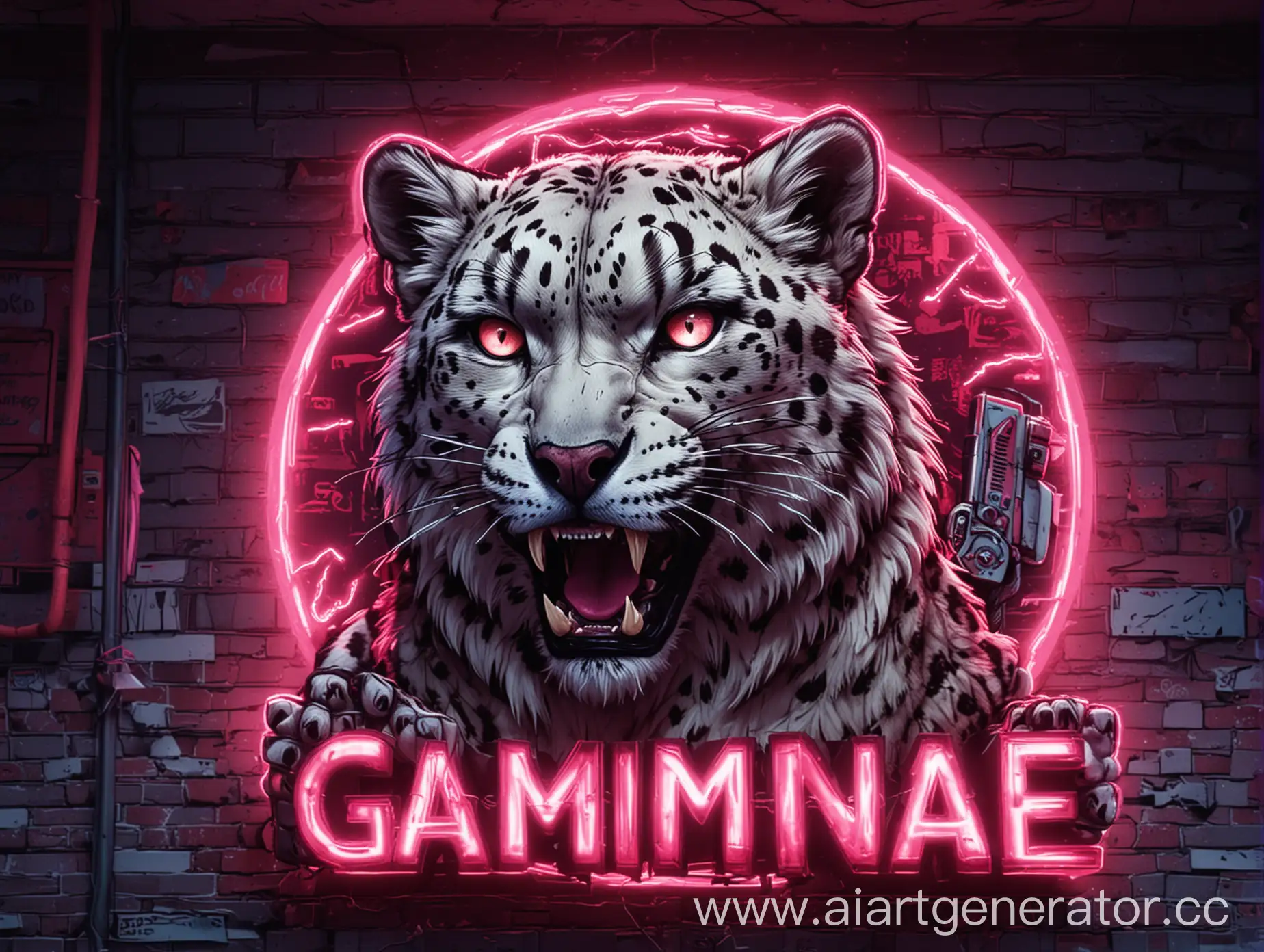 Snow-Leopard-Roaring-in-Gaming-Style-Amidst-Neon-Signs