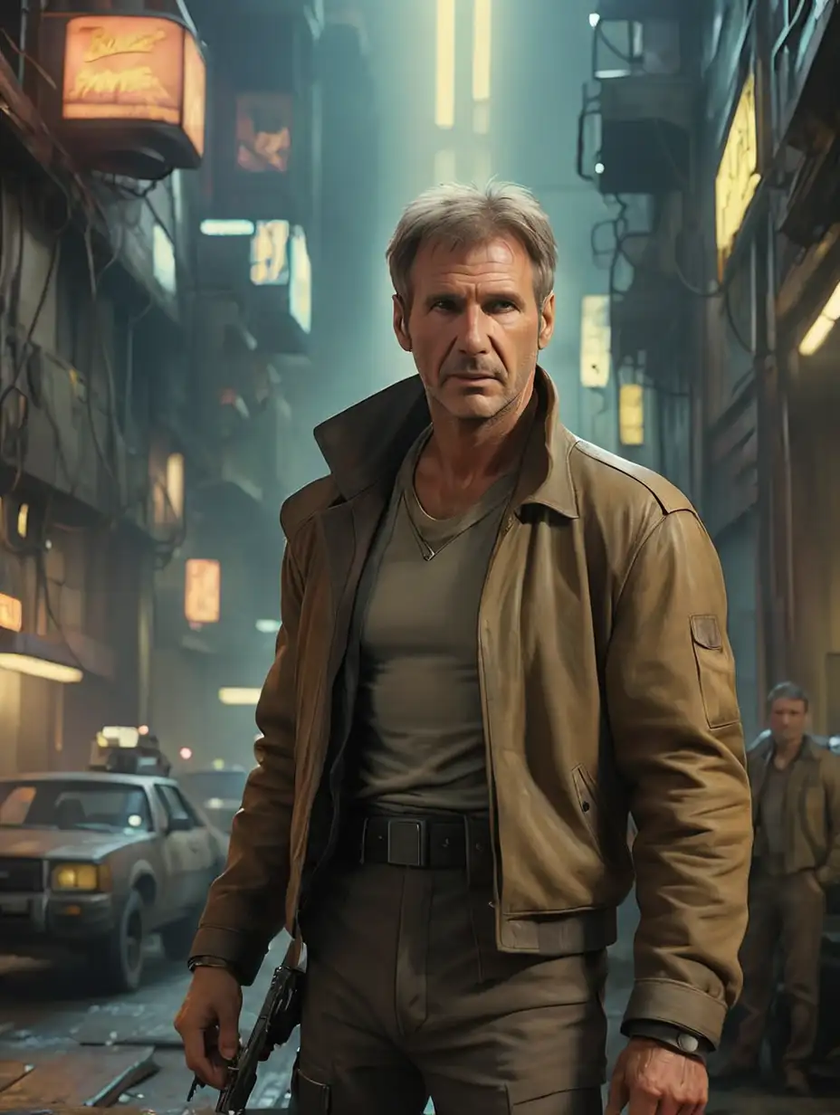 Blade Runner Scene Harrison Ford in Futuristic Cityscape