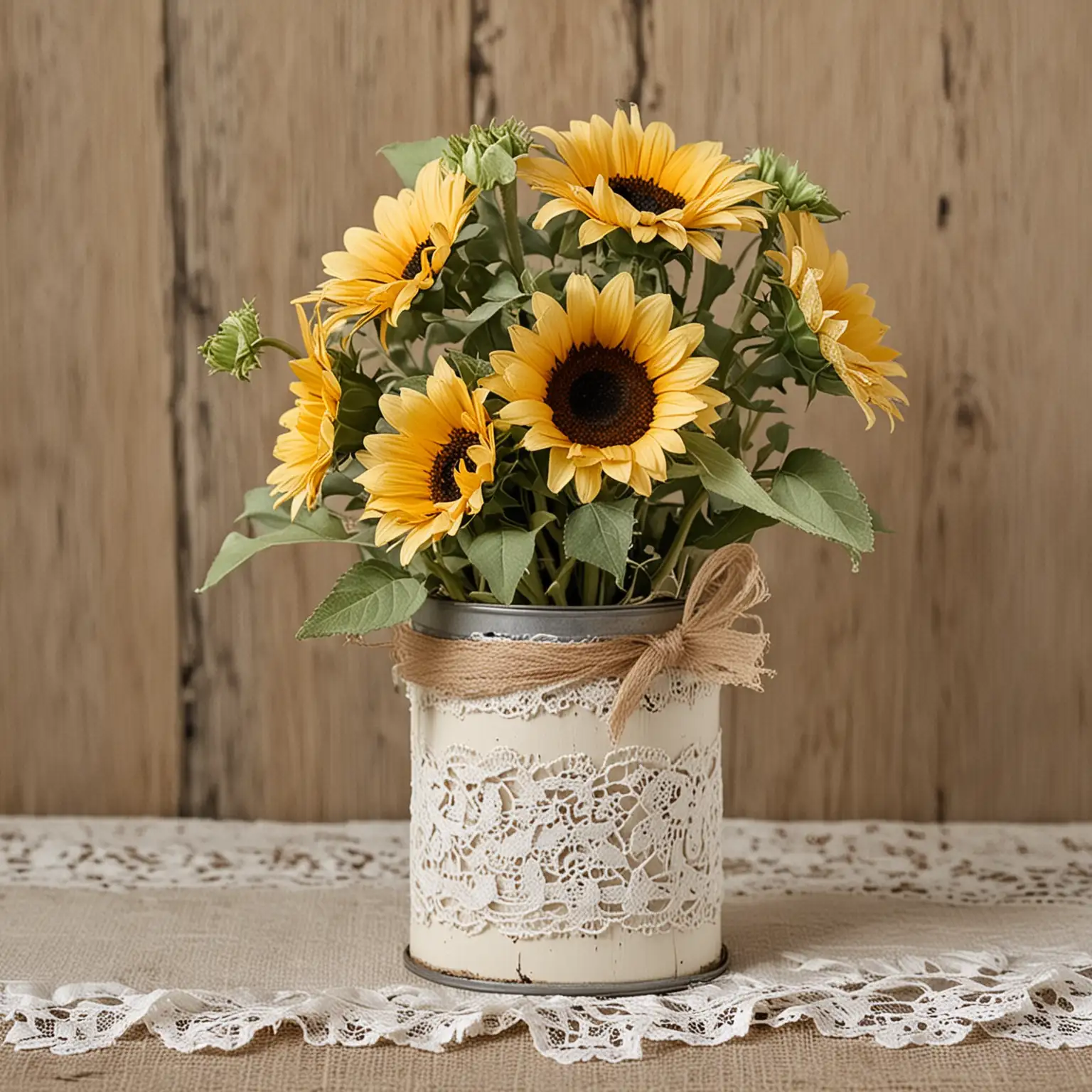 Vintage-Tin-Can-Centerpiece-with-Ivory-Painted-Distressed-Vase-and-Sunflowers