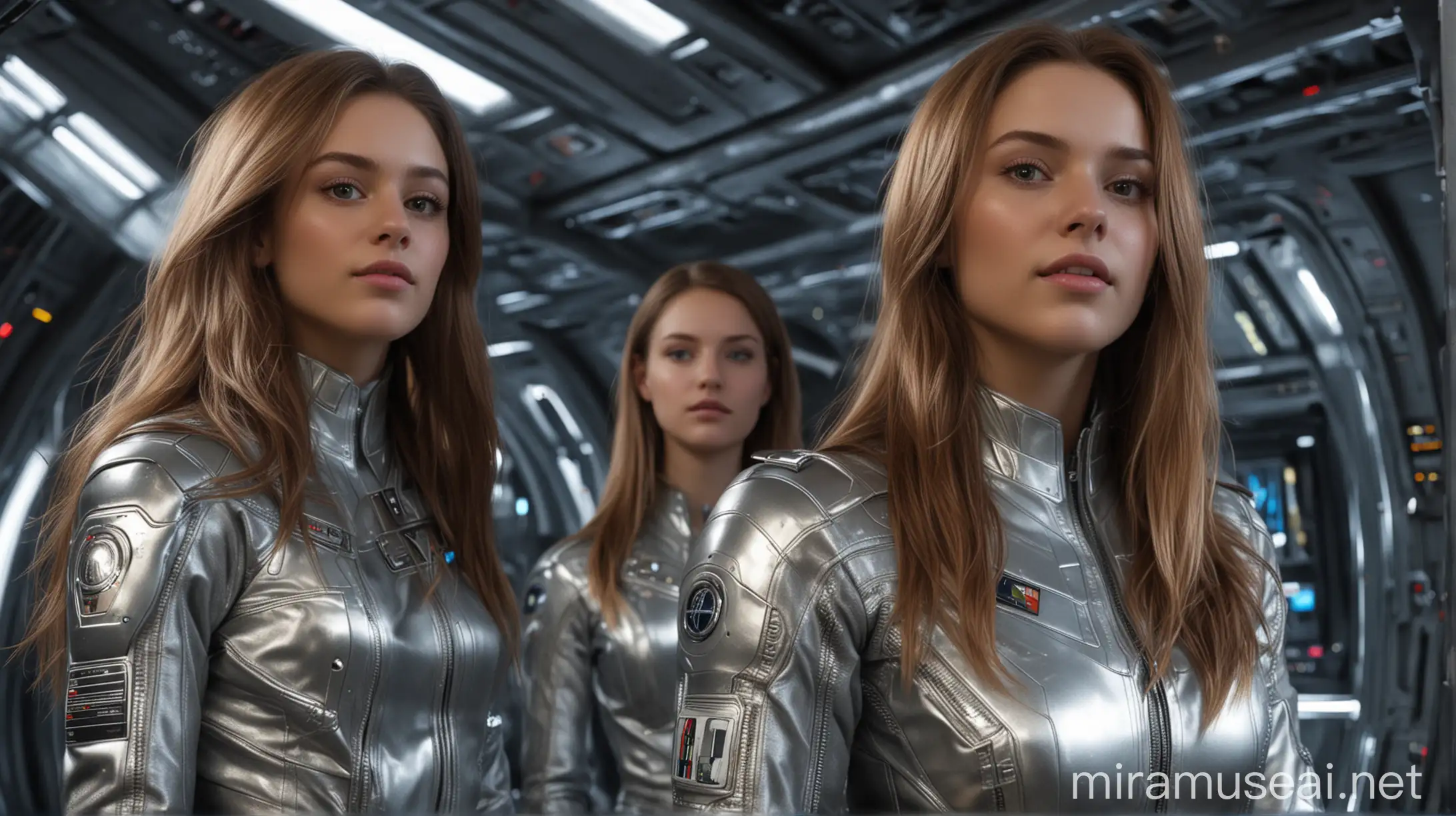 best quality, realistic, photorealistic, masterpiece, extremely detailed, an extremely delicate and beautiful, ((dynamic angle)), realistic anatomy, professional lighting, perfect shading, depth of field, three 19 year old young women, ((european perfect faces)), various long hair, wearing silver metallic jackets and pants, standing, dynamic poses, ((background is a command compartment of sci-fi starship))