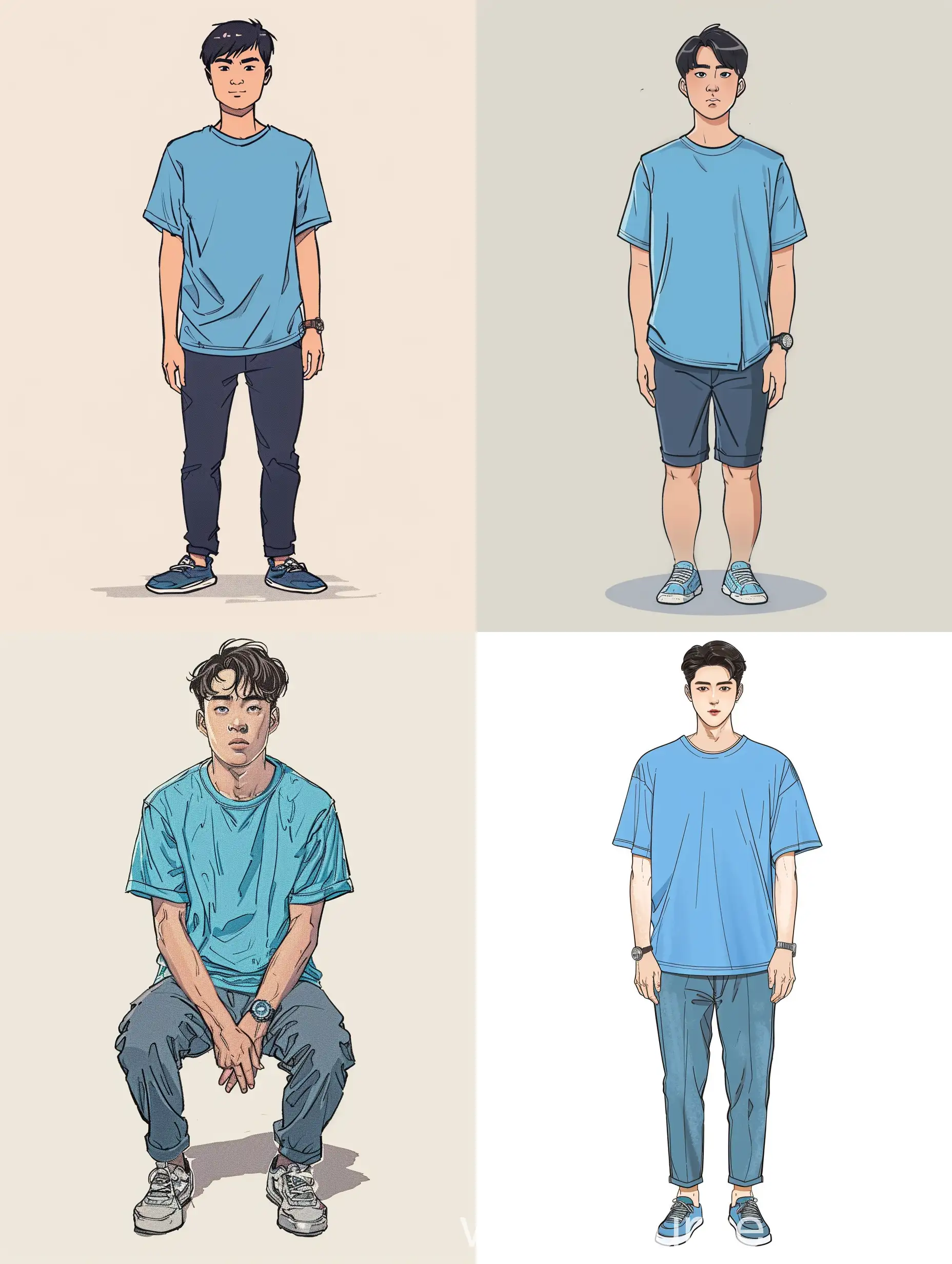创作一个大学生，男生，穿湖蓝色T-shirt，分头，很帅气，时尚，左手戴手表，华人面孔，创作全身，有手和脚，还有鞋子，人物站立，不要下蹲，