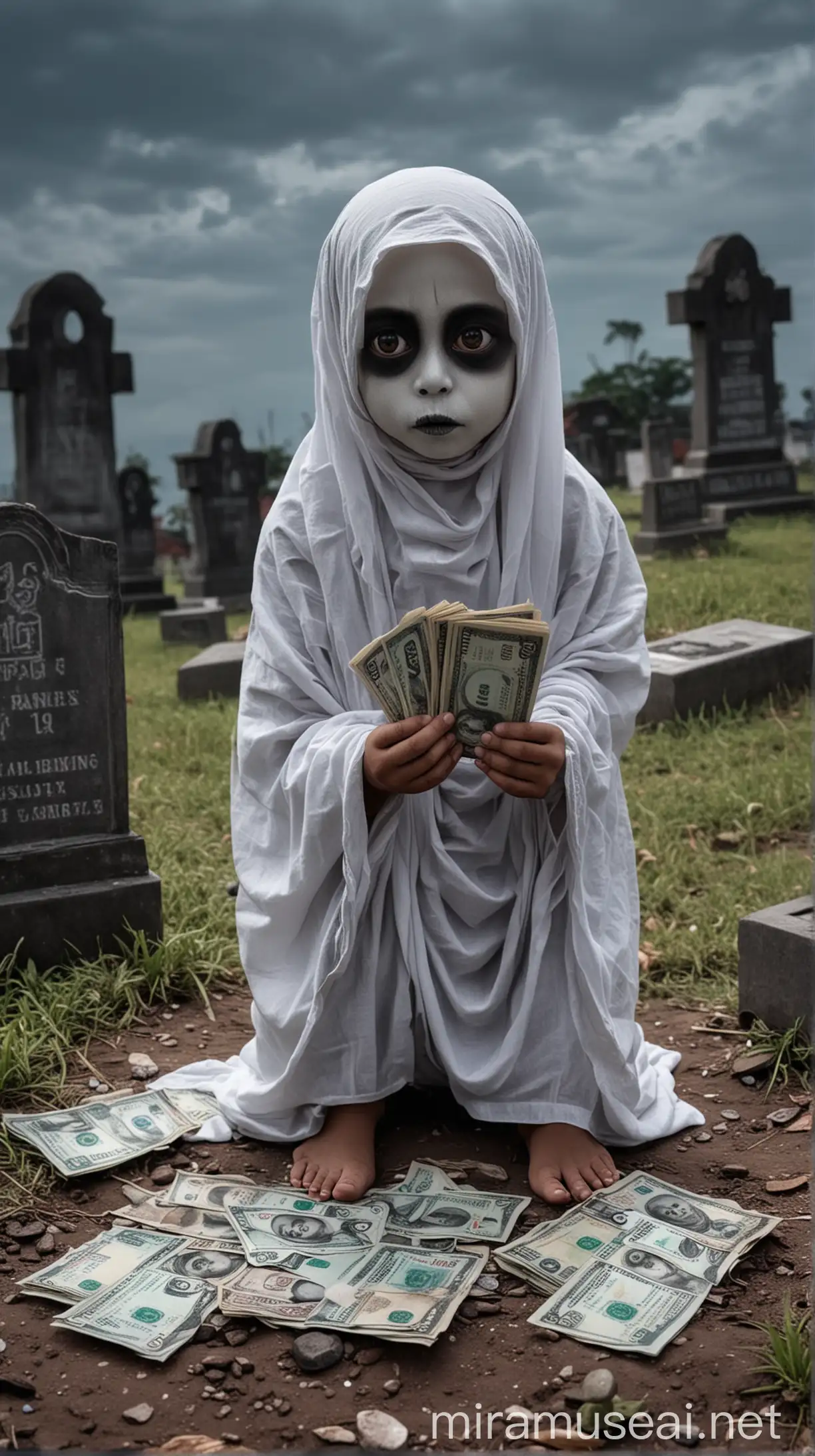 6 years old ghost baby with indonesian money in his hands. Big eyes with black colour arround the eyes, sitting on the ground with graveyard background, night time, scary face, white skin color in full body, wearing only under wear,