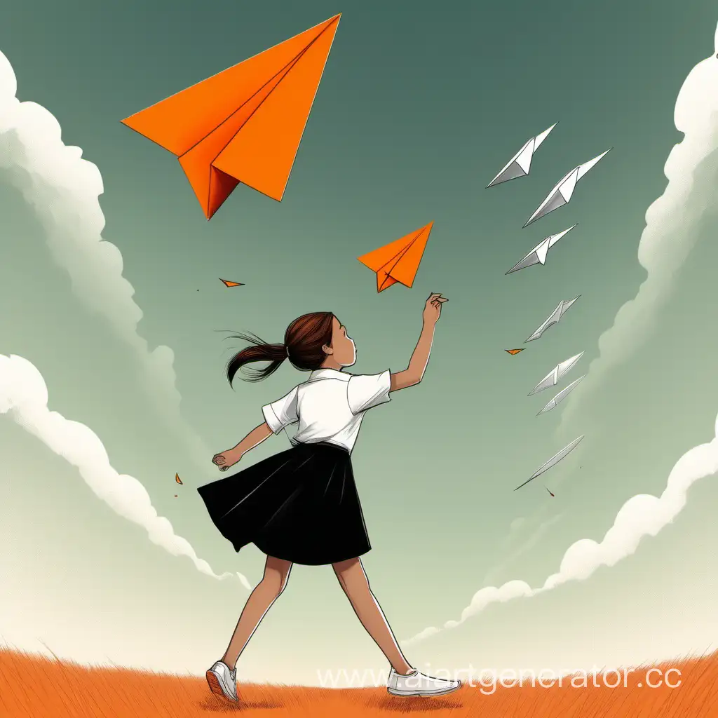 Girl-in-Black-Skirt-and-White-Shirt-Launching-Orange-Paper-Airplane