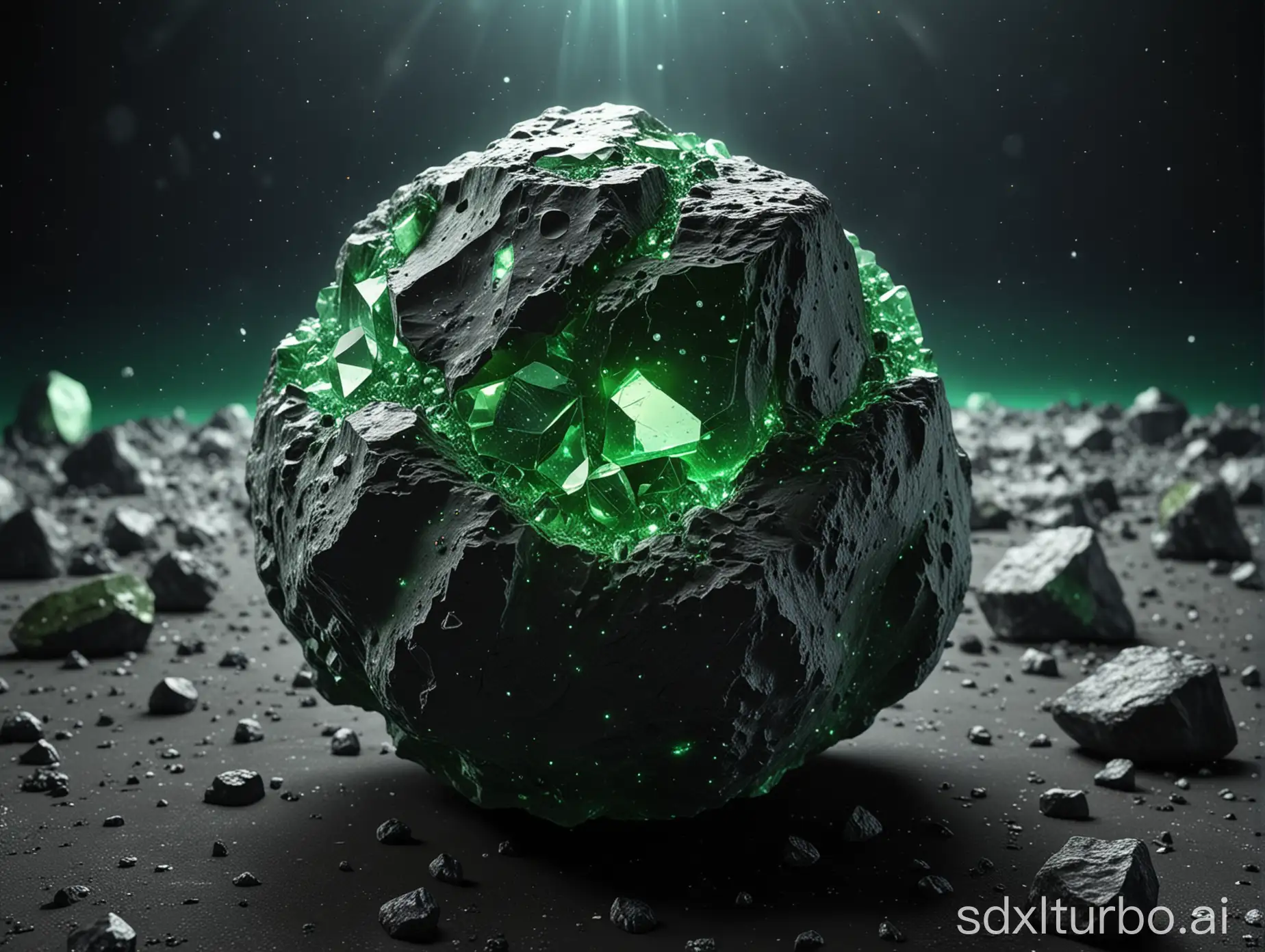 a realistic extrem detailed asteroid with green cubic crystals on surface