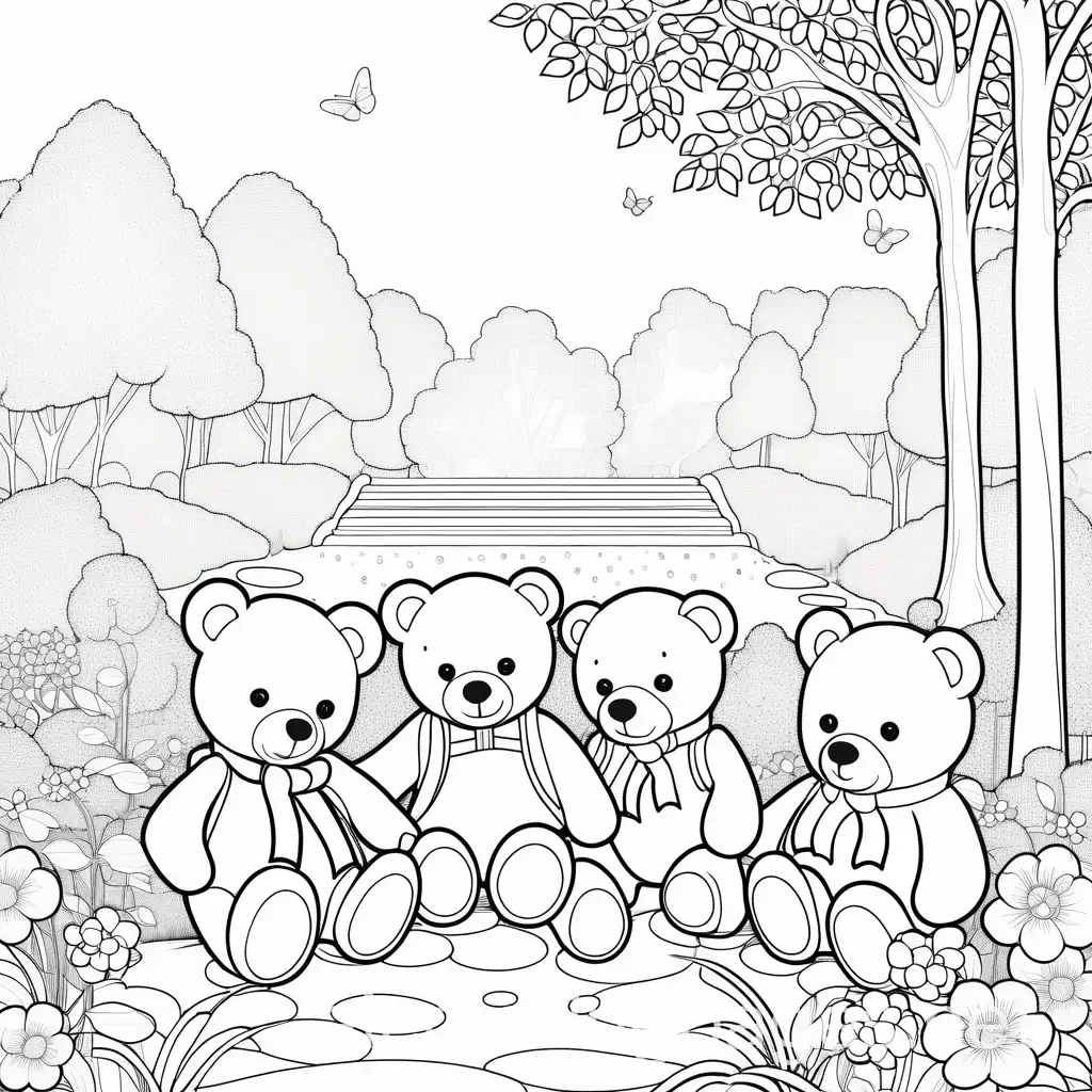 teddy bears in the park, Coloring Page, black and white, line art, white background, Simplicity, Ample White Space