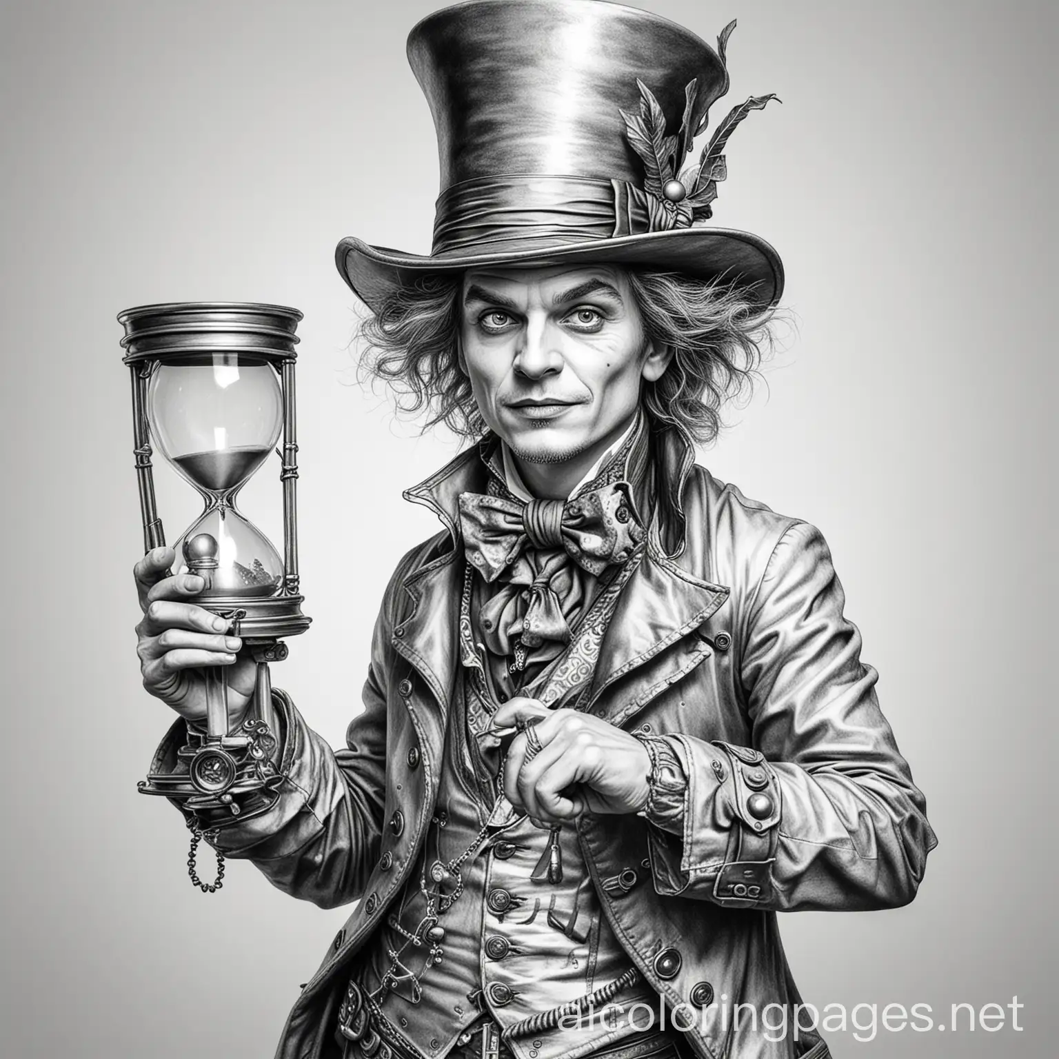 The mad hatter holding an hourglass and a machine gun, Coloring Page, black and white, line art, white background, Simplicity, Ample White Space. The background of the coloring page is plain white to make it easy for young children to color within the lines. The outlines of all the subjects are easy to distinguish, making it simple for kids to color without too much difficulty