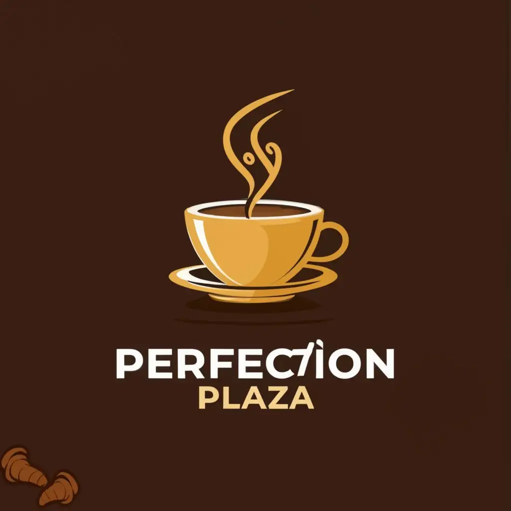a logo design,with the text "Perfection Plaza", main symbol:Coffee Cup and Croissant,complex,be used in Retail industry,clear background