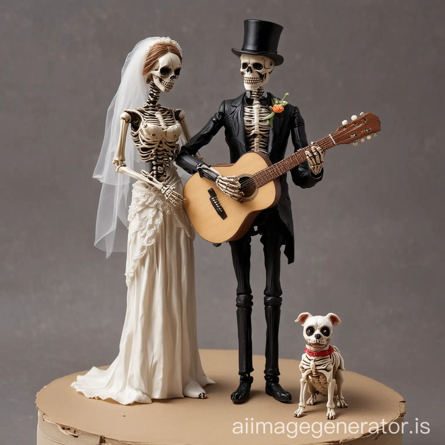 Skeleton bride and skeleton groom hold hands. Groom holds a guitar. there is a small skeleton dog.