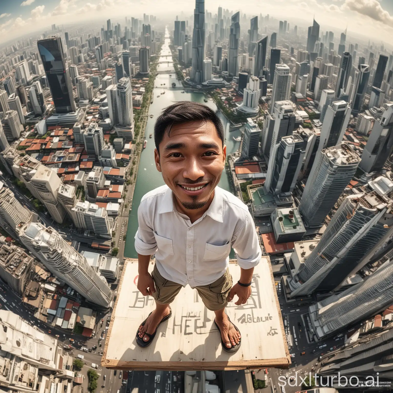 Create a caricature 4D hyperrealistic of an Indonesian man aged 35yo, clean face, wearing white clothes, cargo pants, flip-flops, standing at the top of the tallest building while holding the camera man's hand. Next to it there is a board with the text 'PLEASE HELP'. Beautiful city background, shot from above, fish eye lens