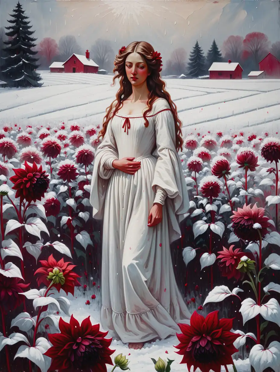 renaissance style painting with thick brush strokes depicting a woman in a white dress standing in a field of red Dahlias in the winter. snow falls all around
