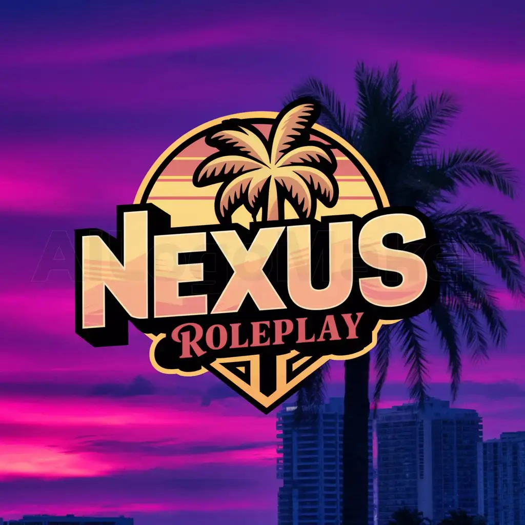 a logo design,with the text "NexusRoleplay", main symbol:palm tree and downtown miami purple and pink color matching sunset background and more classic font gta vice city style roleplay fivem colorful text,Moderate,clear background