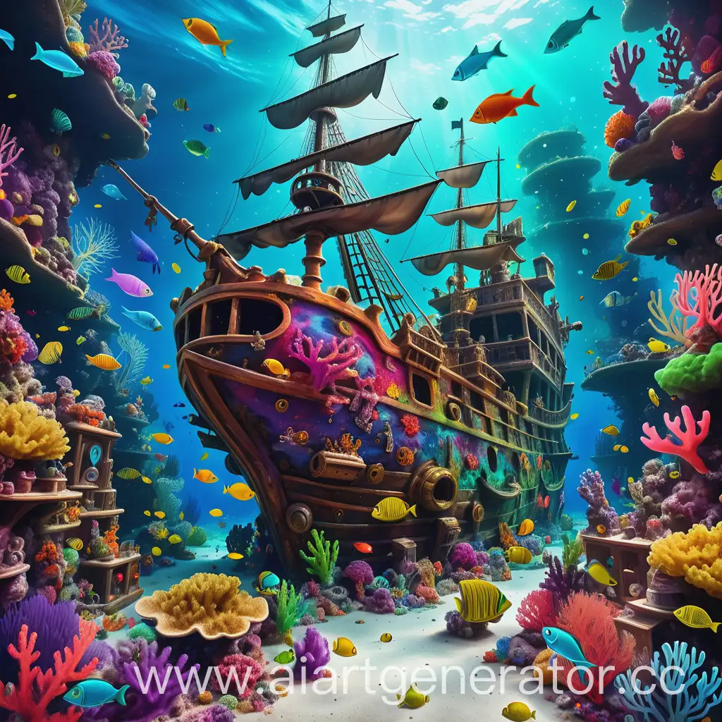 Красочный подводный мир с коралловыми рифами, множеством разноцветных рыб и загадочными подводными существами. В центре сцены  затонувший пиратский корабль, покрытый водорослями и сокровищами.