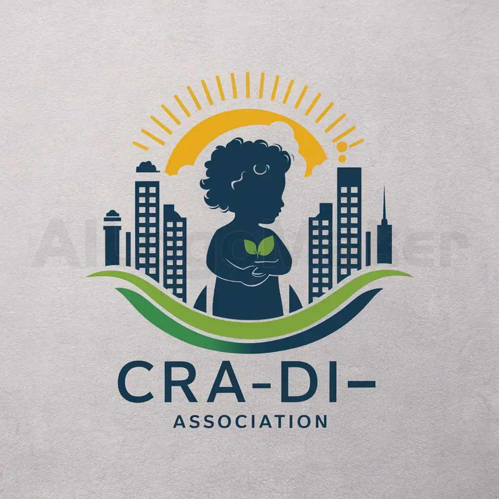 a logo design,with the text "CRA-DI", main symbol:The logo could represent a stylized silhouette of a child, symbolizing youth and the future, holding a small green plant in their hands. Behind the child, a series of urban buildings could be drawn, representing urban development. Above the child, a radiant sun could evoke hope and prosperity. The name of the association could be written in clear, simple letters, below or above the image, for better readability in 2D,complex,be used in The logo could represent a stylized silhouette of a child, symbolizing youth and the future, holding a small green plant in their hands. Behind the child, a series of urban buildings could be drawn, representing urban development. Above the child, a radiant sun could evoke hope and prosperity. The name of the association could be written in clear, simple letters below or above the image for better readability industry,clear background