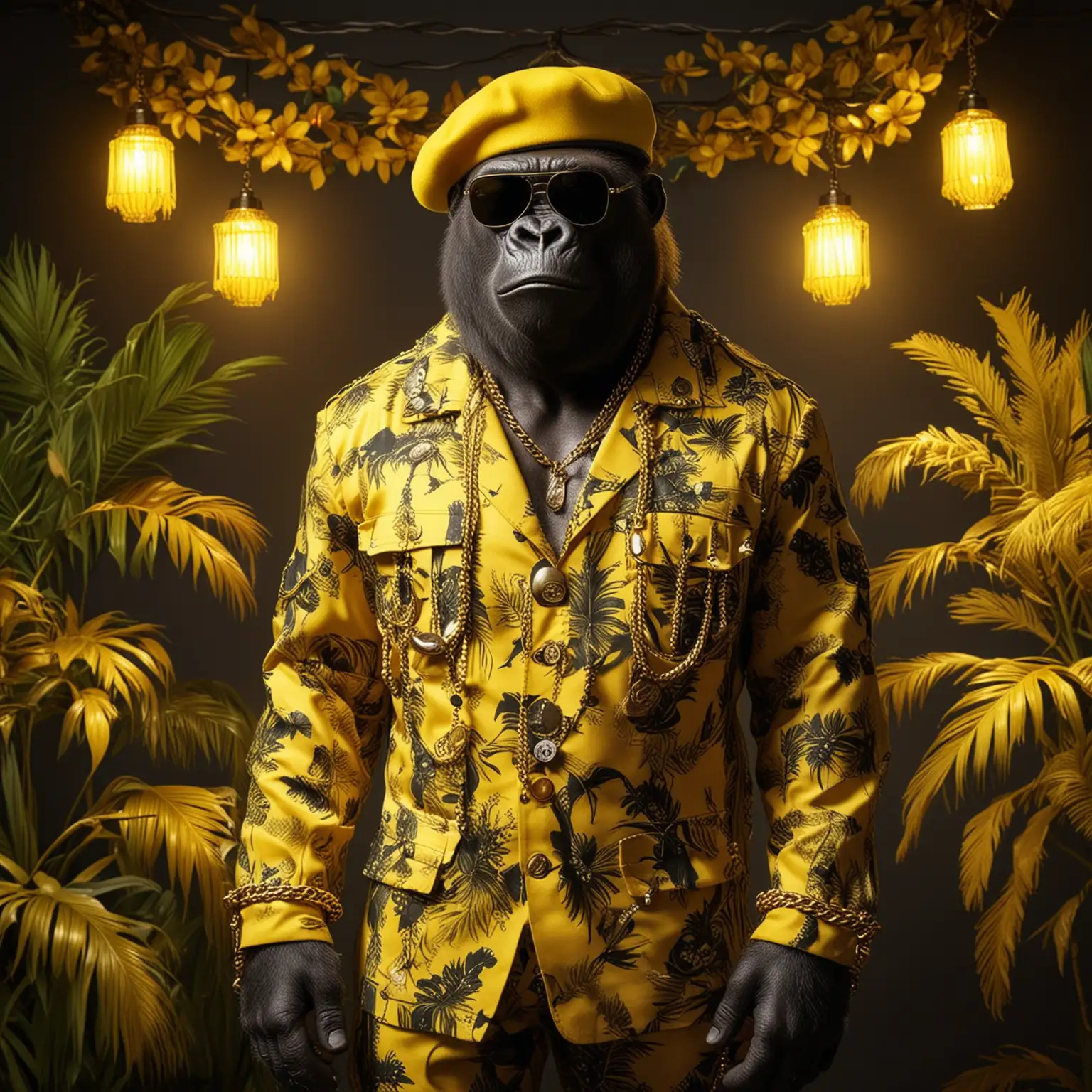 Gorilla is wearing yellow hawaiian pattern military clothes with ornaments and gold chains. He also wears a yellow beret and dark sunglasses. He is standing with yellow neon  lights behind him