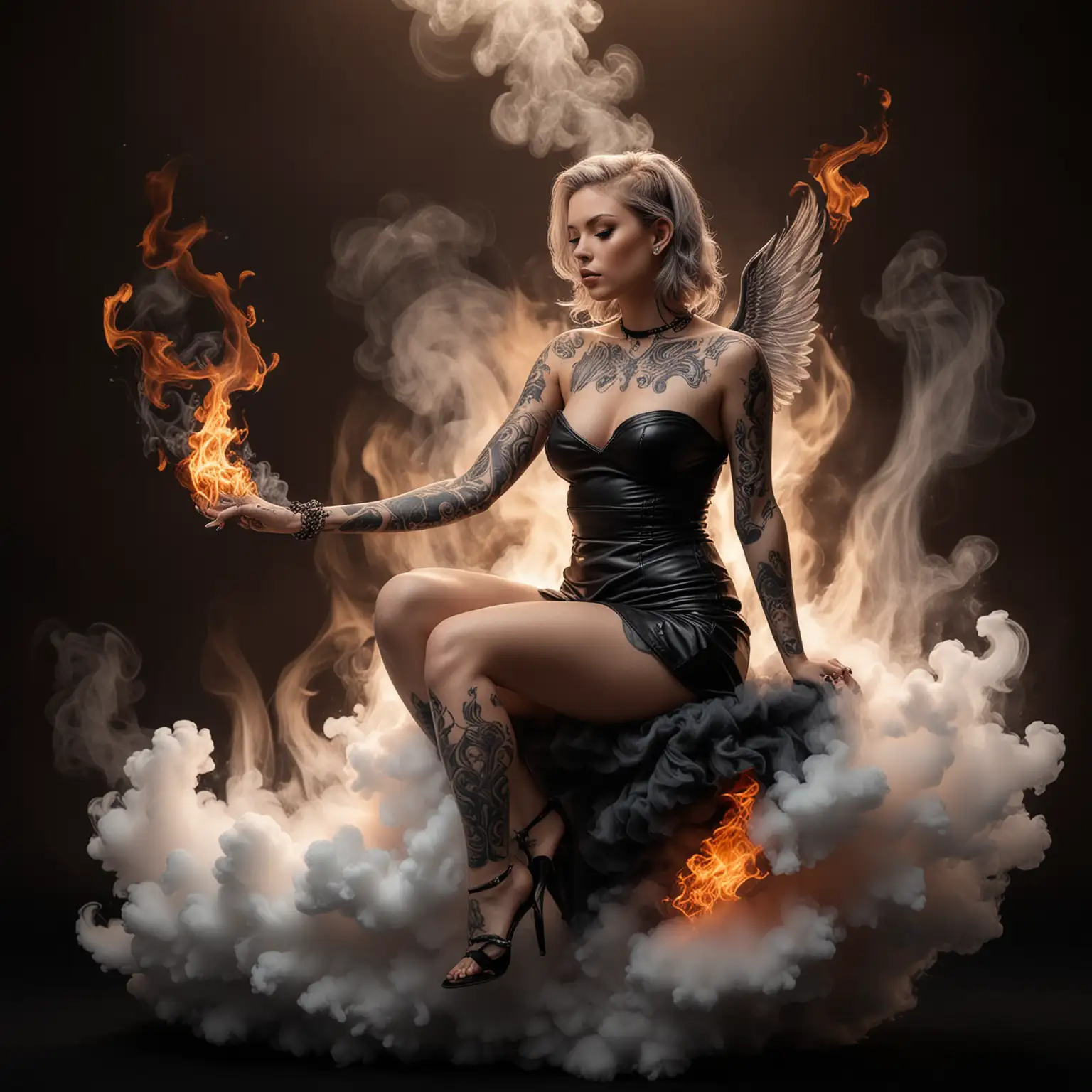 hyper realistic photography
a beautiful tattooed angel, She is wearing a black mini dress, seated on cloud of smoke and flames While her body posture shows atmosphere hotness and performing tattoo on herself 