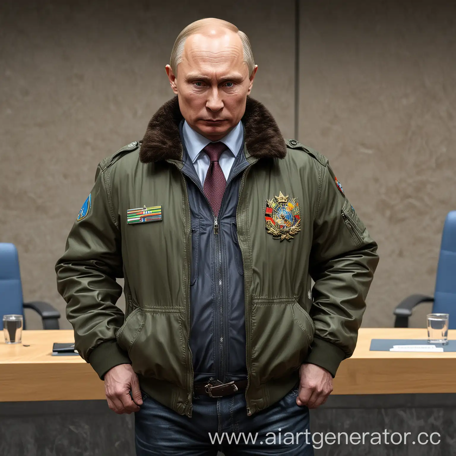 Реалистичное изображение Владимира Путина, но он накаченный стоит в пиджаке на собрании ООН