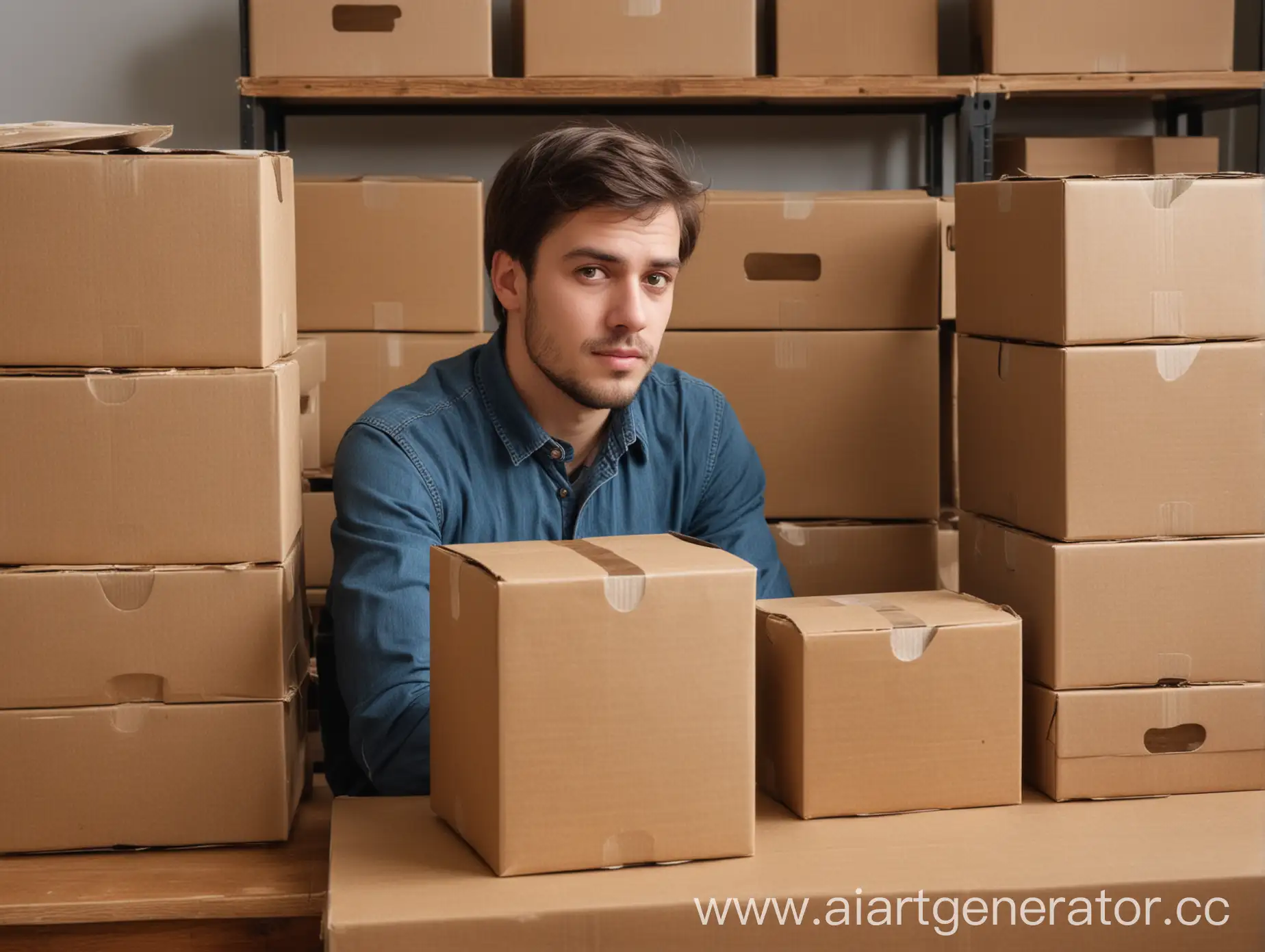 Man-Sitting-at-Table-Surrounded-by-Packaging-Boxes