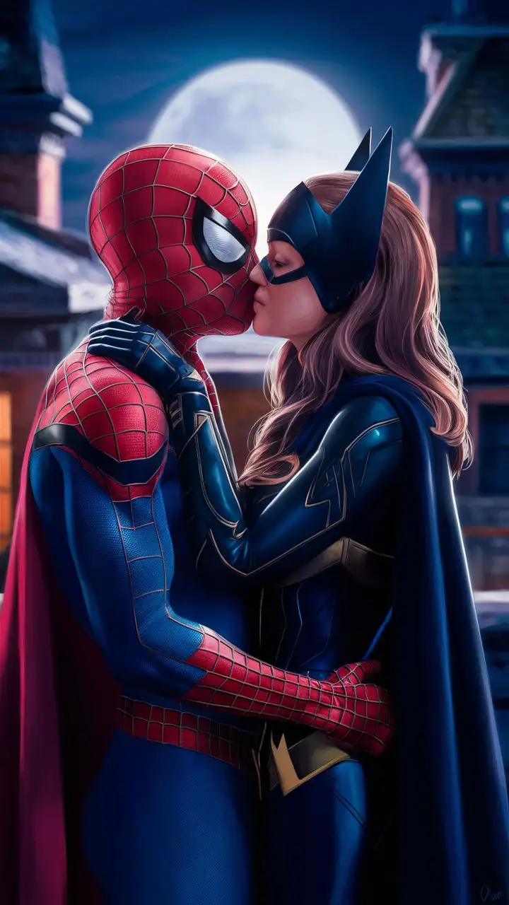 Superheroes Spiderman and Bat Woman Share a Romantic Kiss