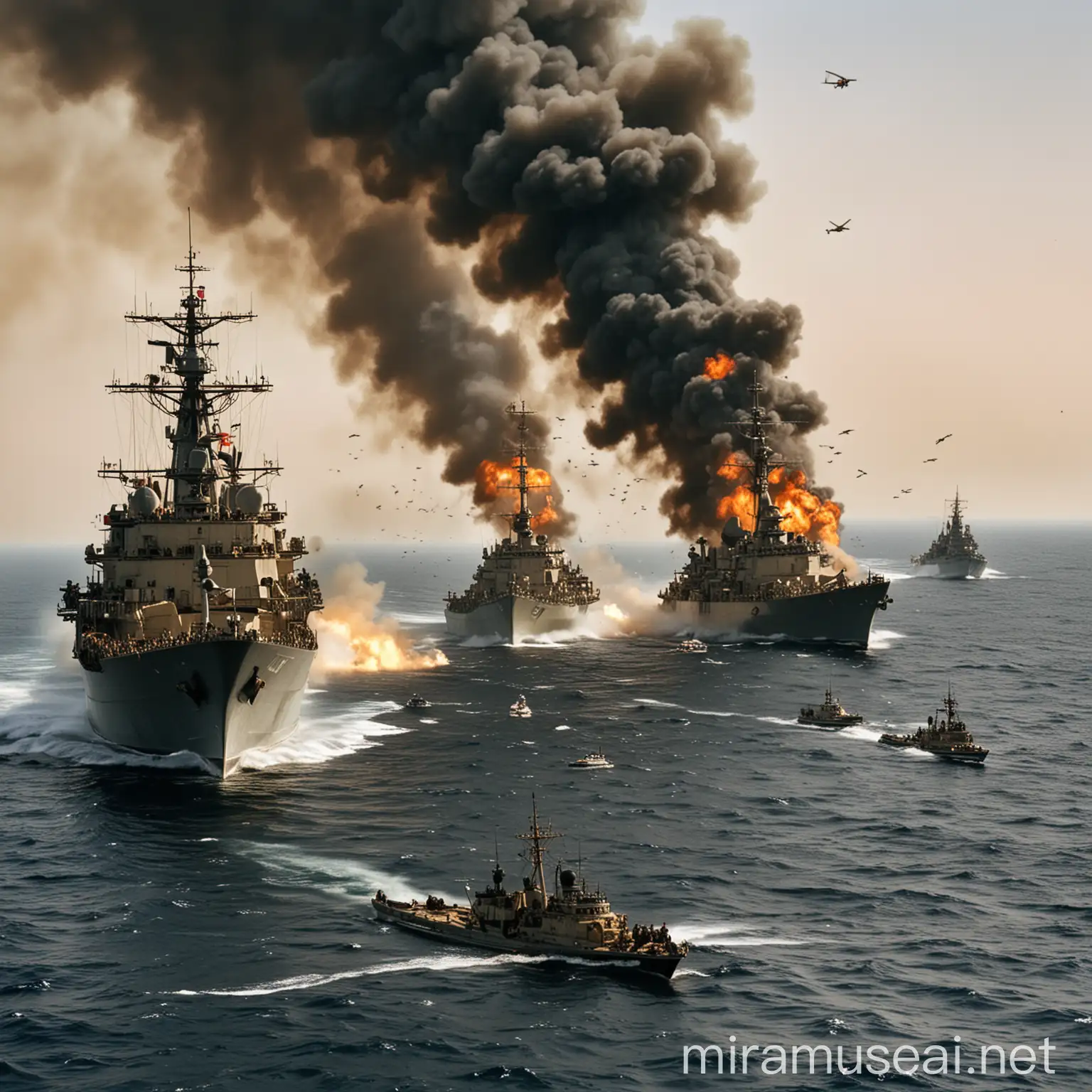 the first gulf war  with air, ground and naval ship battle in one image