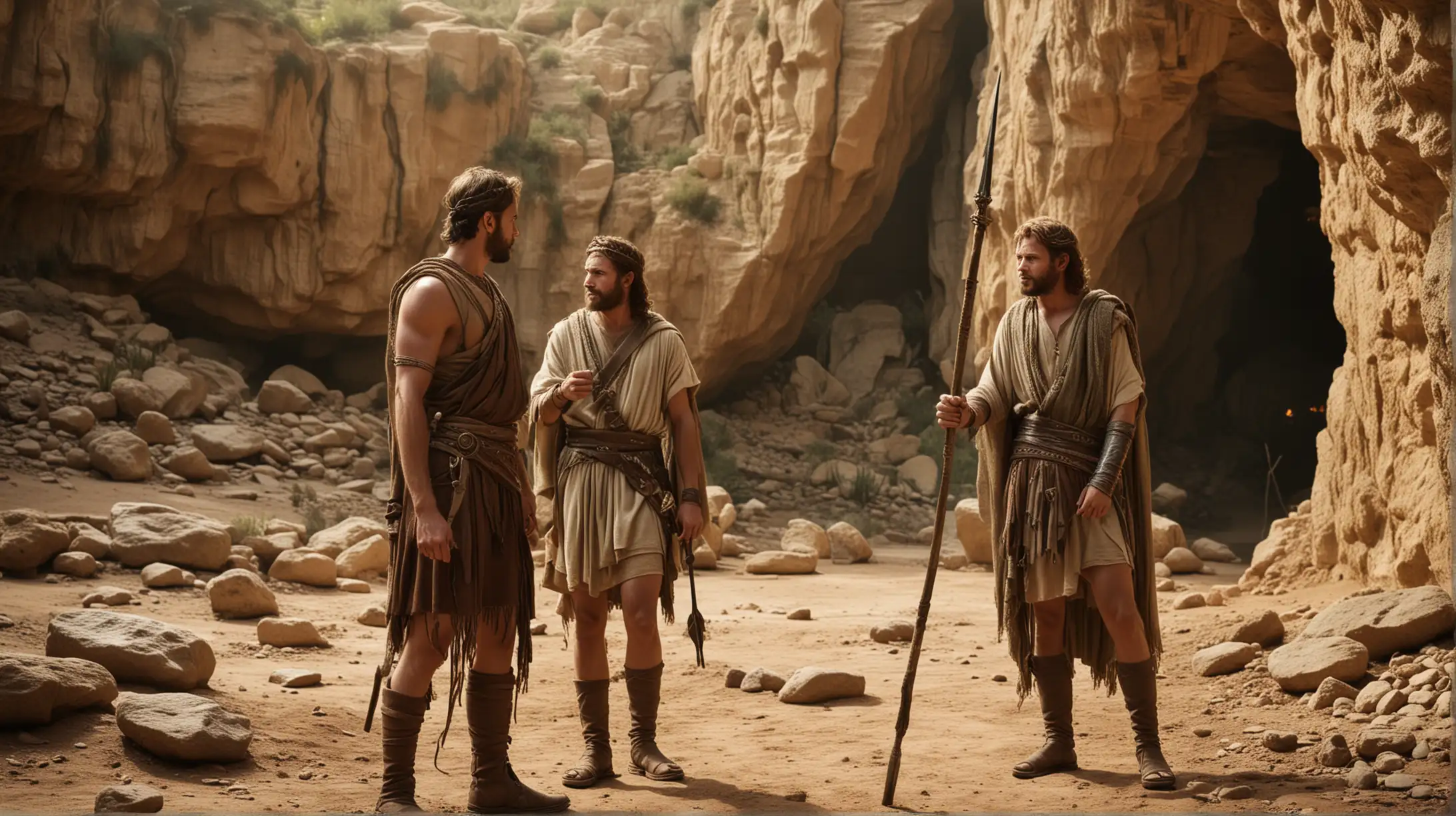 A handsome young King David meets the angry King Saul outside a Cave. Saul is holding a spear. Set during the Biblical Era of King David