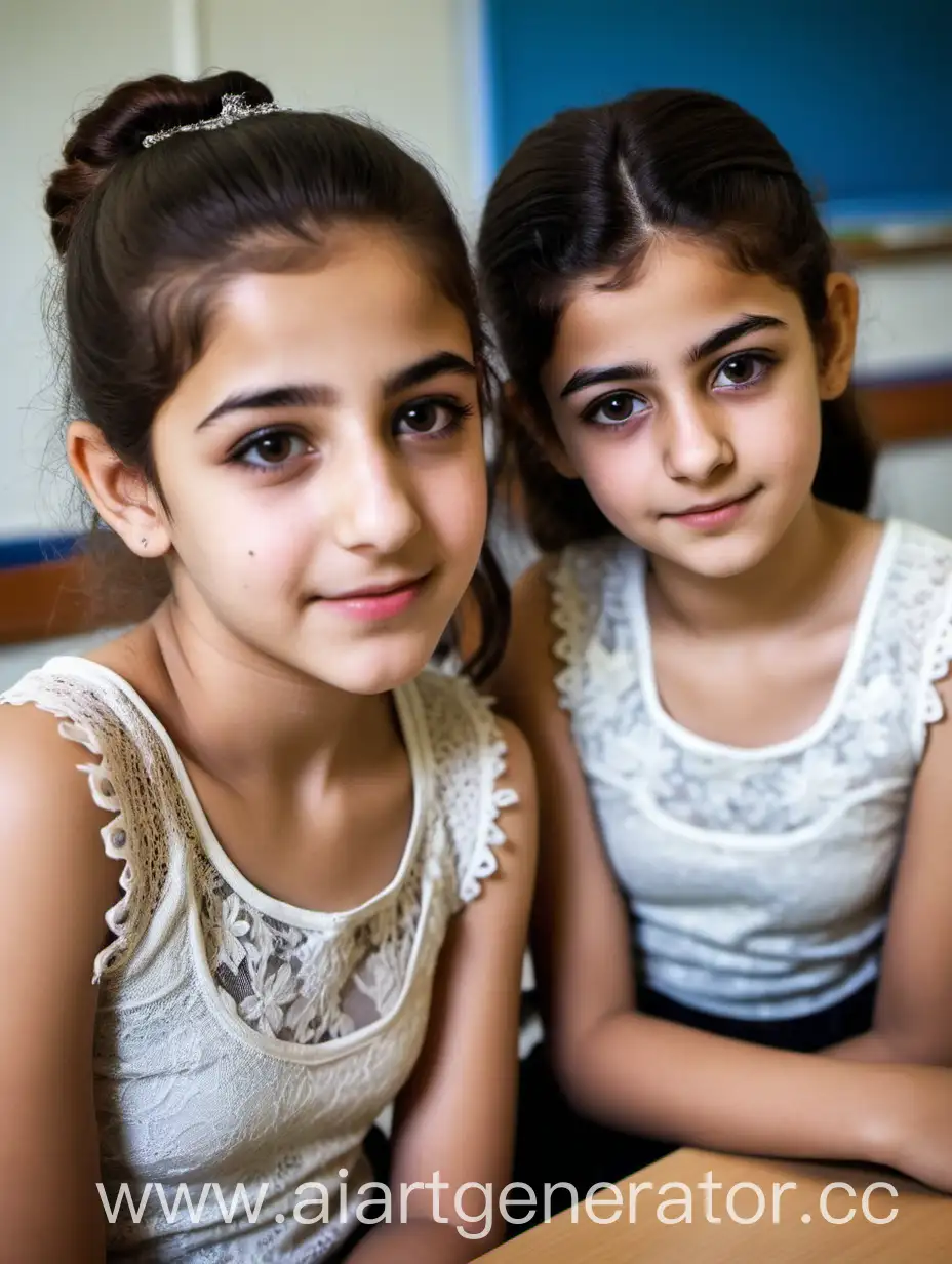 2 most beautiful syrian girls.  14 years olds. They wear lace tank top,
They are beautiful. They sits on the desk, in classroom.
Elegants, pretties, petites, upclose, bird's eye view, top view, hugs, use real faces, so cute, so innocents, plump lips, soft makeup, she is in pain