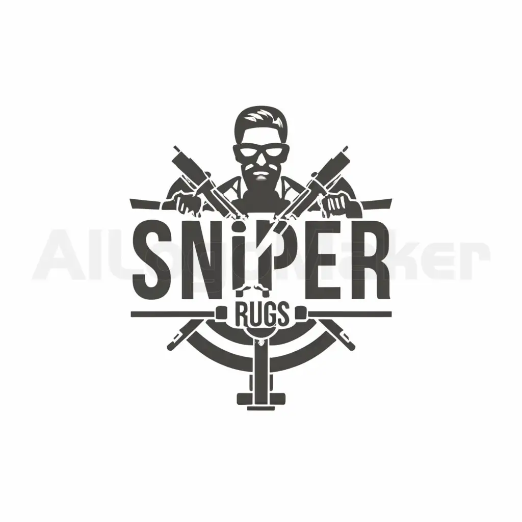 a logo design,with the text "SNIPER RUGS", main symbol:Sniper's Gun Scope Background with a silhouette man holding a tufting gun,Minimalistic,clear background