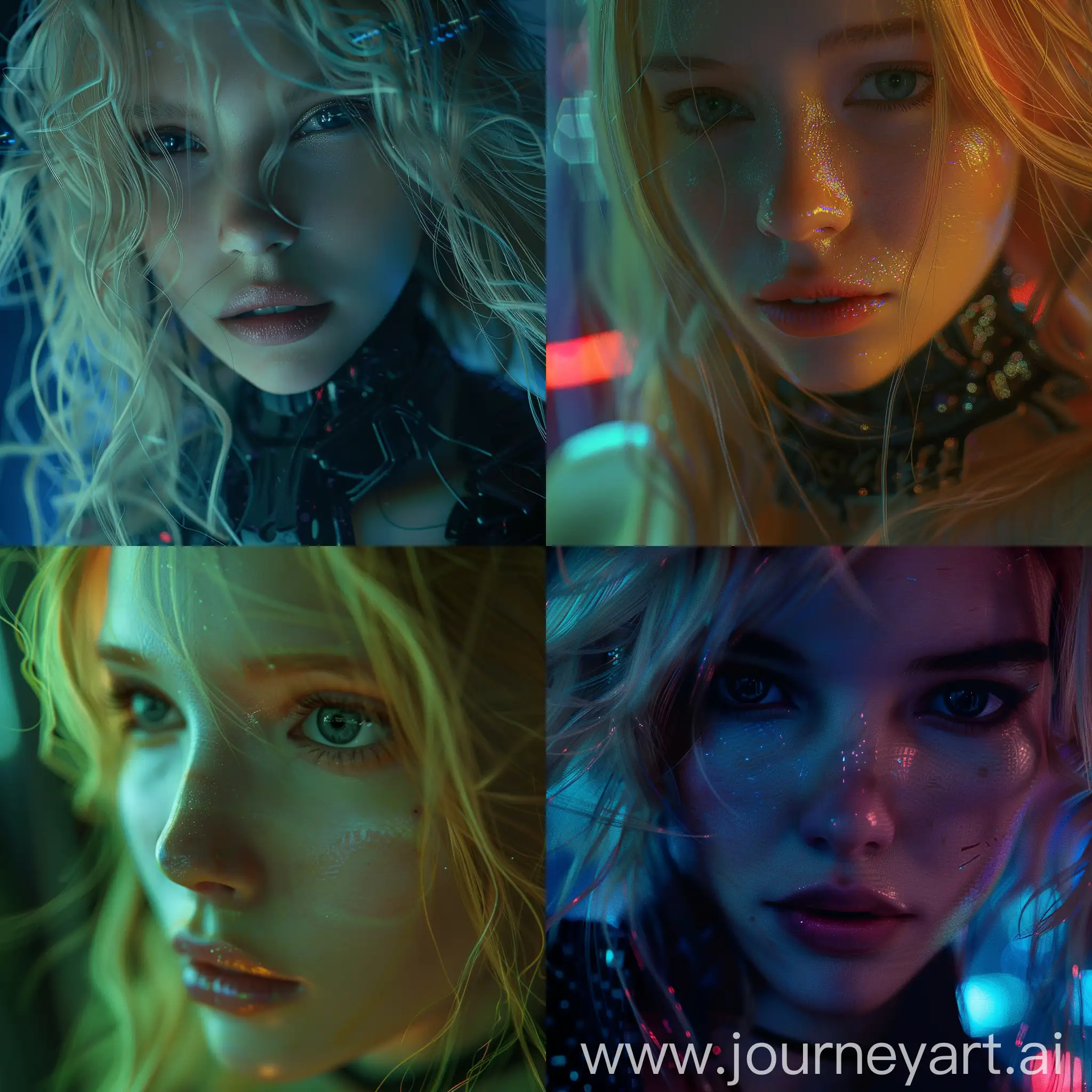 Hyper-realistic close-up angles of android blonde woman, cinematic LUT, cinematic, intricate texture details, camera haze, camera blur. High movement, nighttime.